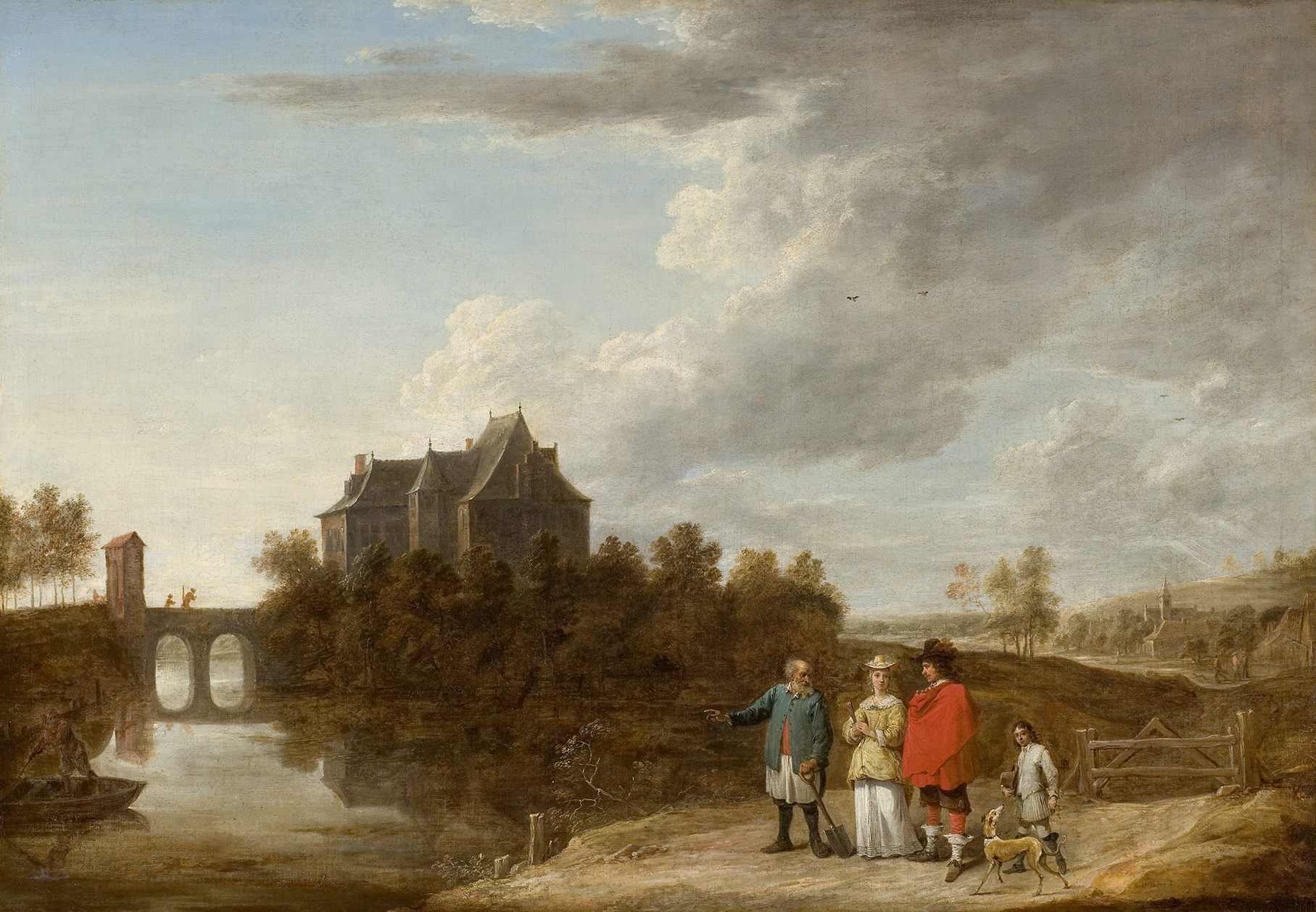 L'image représente un paysage pastoral avec un château en arrière-plan, situé au bord d'une rivière. Au premier plan, un groupe de personnes est rassemblé, comprenant un homme en bleu, une femme en jaune, un homme en rouge, et un chien. Ils semblent converser près de l'eau, tandis qu'une barque est visible sur la rivière. Le ciel est nuageux, créant une ambiance paisible et romantique. Des éléments de la nature, comme des arbres et des collines, complètent cette scène bucolique.