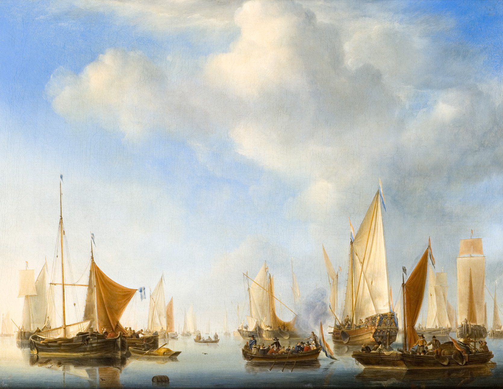 L'image représente une scène nautique paisible avec plusieurs voiliers à l'ancre ou en mouvement sur une étendue d'eau calme. Le ciel est large et clair, parsemé de nuages légers, créant une ambiance sereine. Les voiles des bateaux, de différentes couleurs, se déploient au vent. On peut apercevoir des figures humaines à bord, ajoutant une touche de vie à ce paysage maritime. L'ensemble évoque une atmosphère de tranquillité et de beauté naturelle.