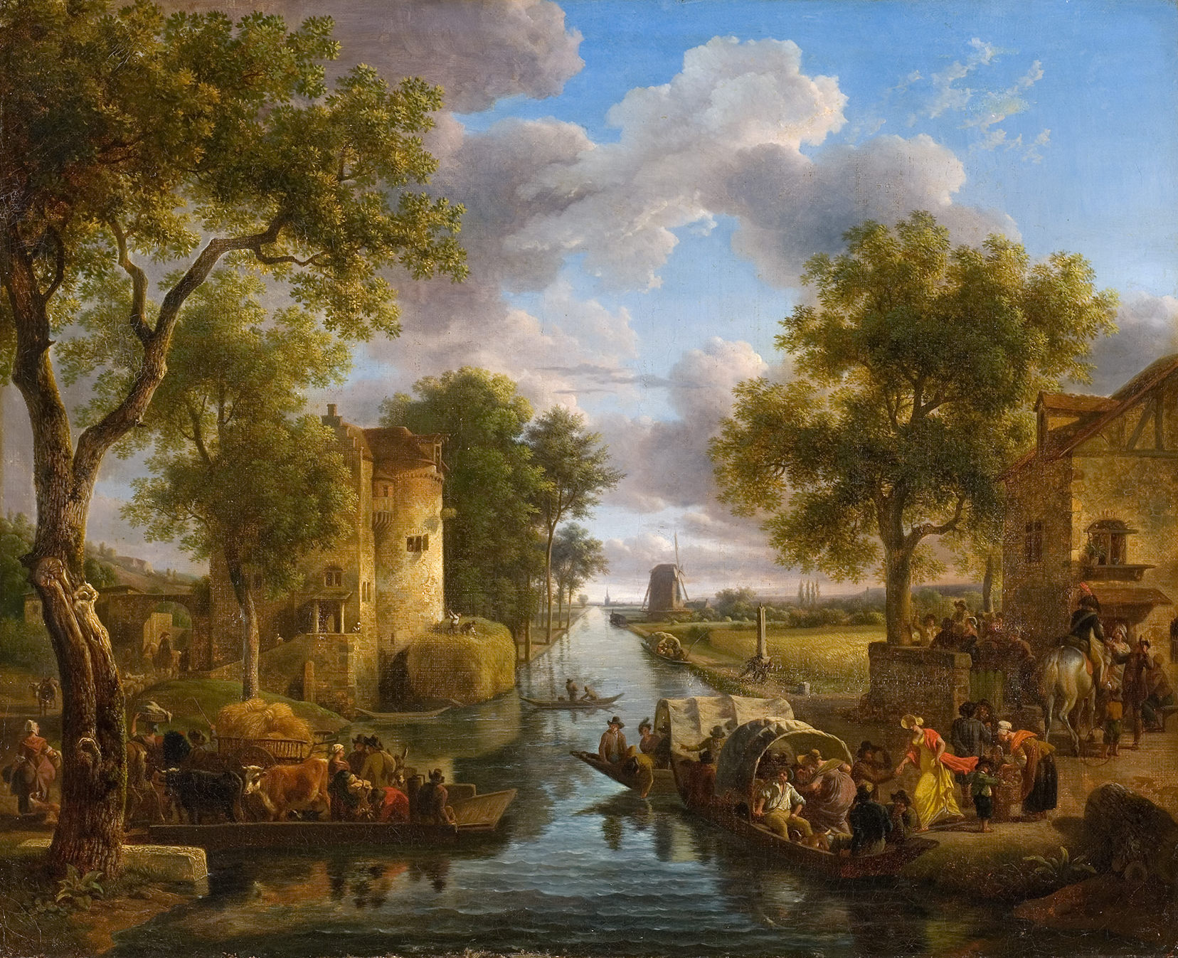 L'image représente un paysage idyllique avec une rivière traversant une scène animée. On aperçoit des maisons pittoresques et des arbres verdoyants de part et d'autre de l'eau. Plusieurs personnes sont présentes, certaines naviguant sur des bateaux, tandis que d'autres semblent engager des activités sur la terre ferme, comme le chargement ou le déchargement de marchandises. À l'arrière-plan, un moulin à vent est visible, ajoutant une touche traditionnelle au tableau. Le ciel est partiellement nuageux, offrant une lumière douce qui illumine l'ensemble du paysage, créant une atmosphère paisible et bucolique.