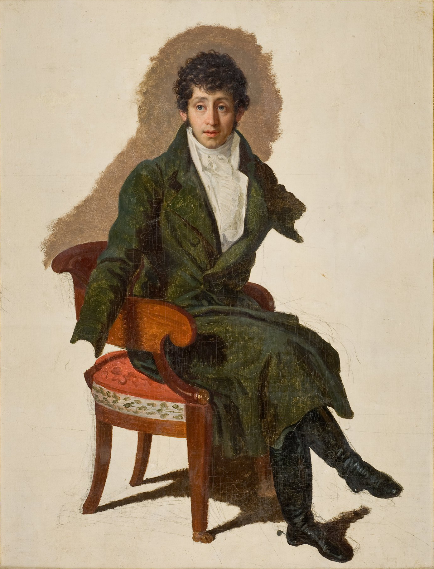 L'image représente un portrait d'un homme assis sur une chaise. Il porte un manteau long, d'un vert foncé, et une chemise blanche. Ses cheveux sont bouclés et bruns. L'homme semble avoir une expression sérieuse, et il regarde directement le spectateur. La chaise a un dossier en bois et un siège recouvert d'un tissu orné. L'arrière-plan est neutre, mettant en valeur la figure du personnage.