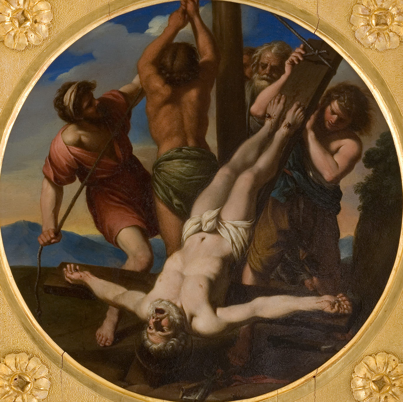 L'image représente une scène de crucifixion, probablement liée à un thème religieux. On peut voir plusieurs personnages autour d'un homme suspendu à une croix. L'homme, qui est nu et humblement couvert d'un linge, montre une expression de souffrance. Les autres personnages semblent être des bourreaux, utilisant des outils pour attacher ou lever la croix. L'arrière-plan suggère un paysage paisible, contrastant avec la violence de la scène. Les couleurs utilisées sont riches et dynamiques, accentuant l'intensité du moment.