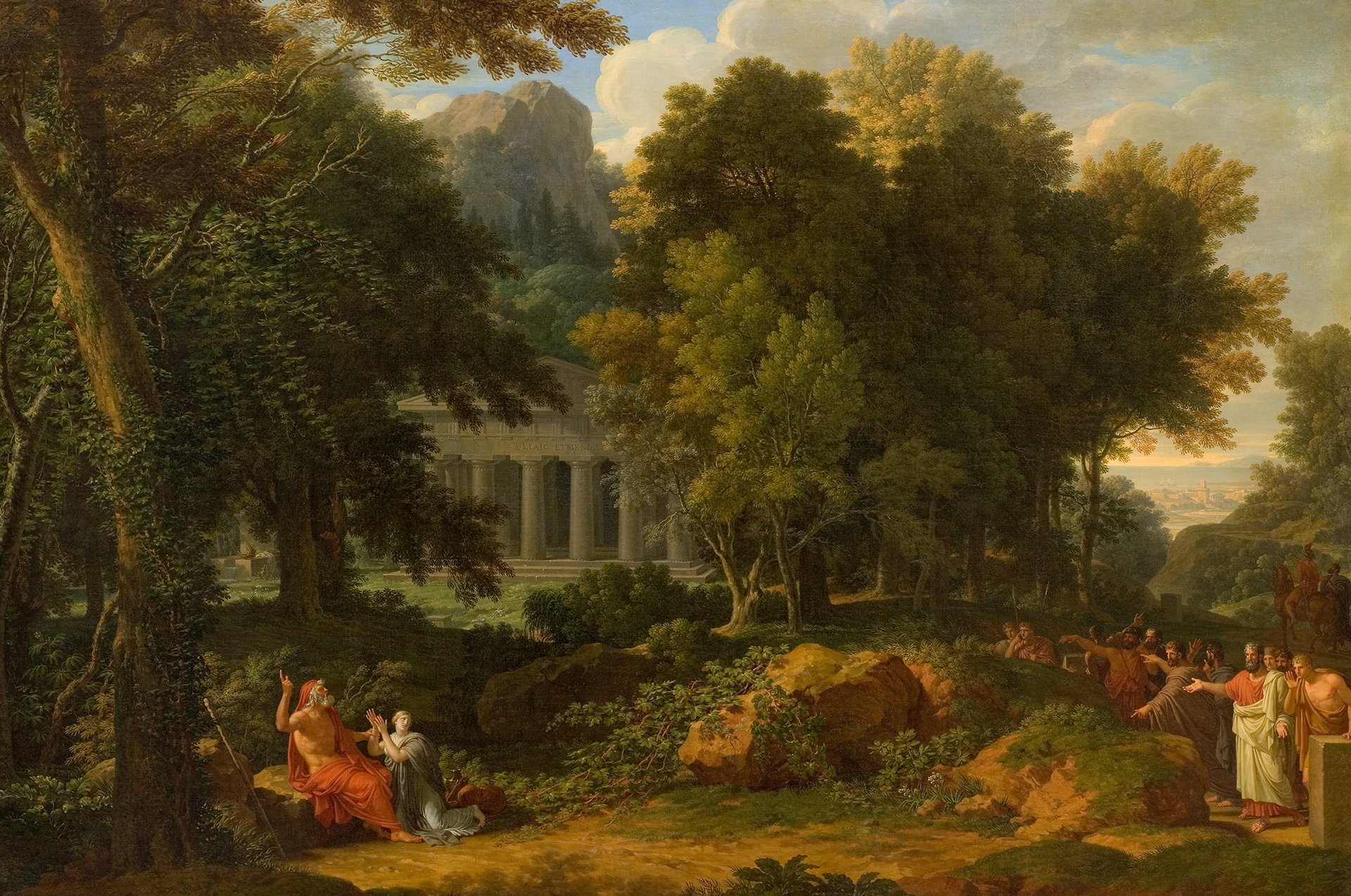 L'image représente un paysage bucolique et une scène mythologique. On y voit un groupe de personnes rassemblées autour d'une figure centrale, probablement une divinité ou un héros. À gauche, deux personnages semblent dialoguer dans un cadre verdoyant, entouré d'arbres luxuriants et de rochers. En arrière-plan, un temple ou une structure architecturale classique se distingue, suggérant un lien avec la mythologie ou l'antiquité. La lumière douce et les nuages cotonneux apportent une atmosphère paisible à l'ensemble de la composition.