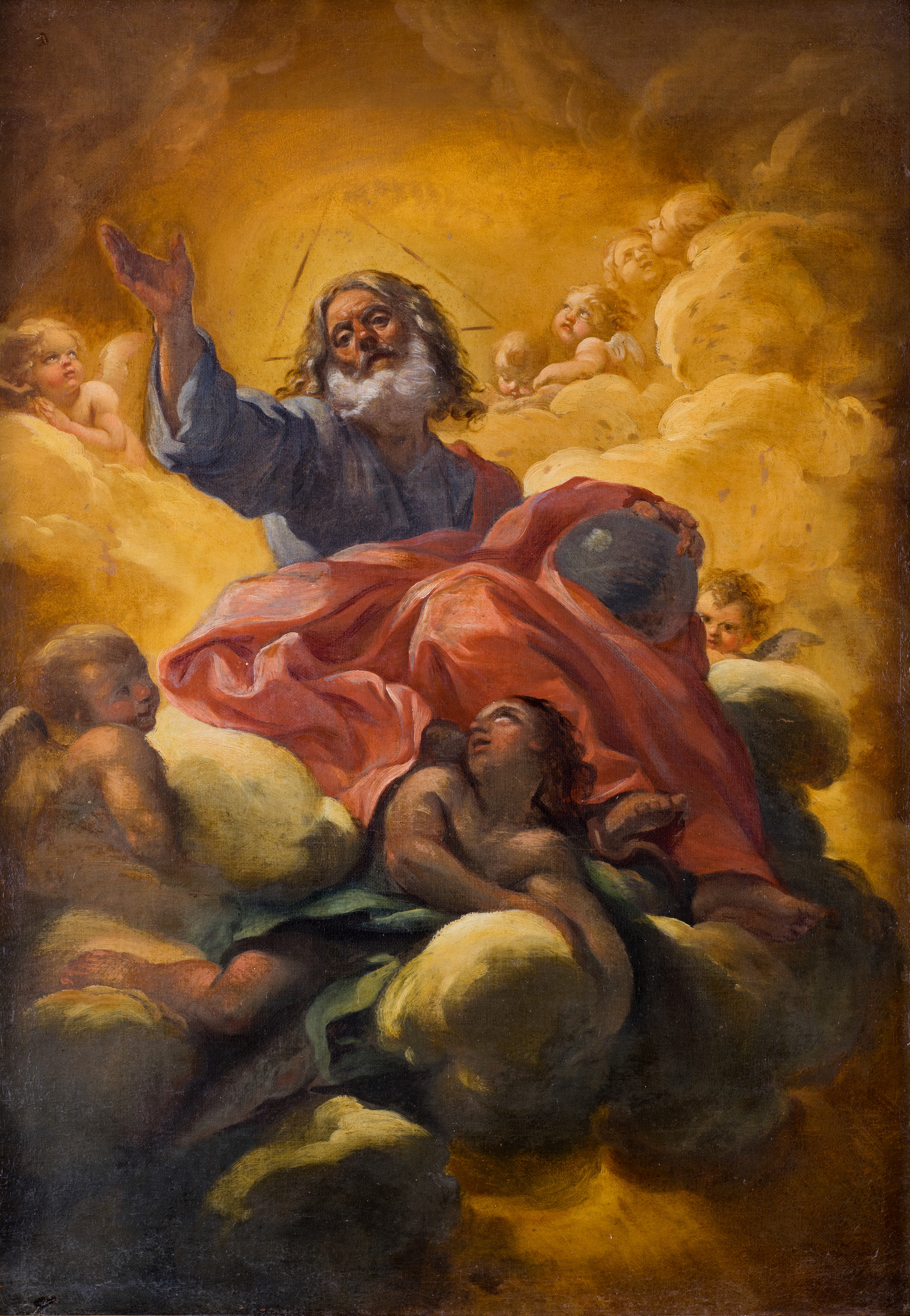 L'image représente une scène religieuse avec une figure centrale, souvent interprétée comme Dieu, entourée de nuages. Cette figure est âgée, avec une longue barbe grise, levant une main dans un geste de bénédiction ou de discours. Autour de lui, plusieurs anges ou chérubins jouxtent des nuages, ajoutant une atmosphère céleste et sereine à la composition. Les couleurs sont chaudes, avec des nuances dorées et pastel, créant une ambiance divine et d'émerveillement.