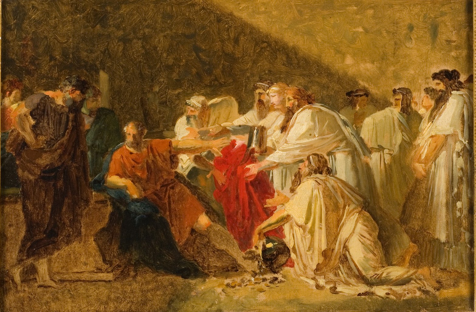 L'image représente une scène dramatique avec plusieurs personnages, probablement dans un contexte historique ou mythologique. Au centre, une figure en rouge attire l'attention, tandis que d'autres personnages aux vêtements clairs l'entourent dans une posture d'adoration ou de supplication. La lumière semble tomber de manière dirigée, créant un contraste entre les ombres et les zones éclairées, ce qui ajoute à l'intensité émotionnelle de la scène. Les expressions des personnages évoquent une grande variété d'émotions, allant de l'admiration à la douleur. L'ensemble donne un sentiment de gravité et d'importance à ce qui se déroule dans l'image.