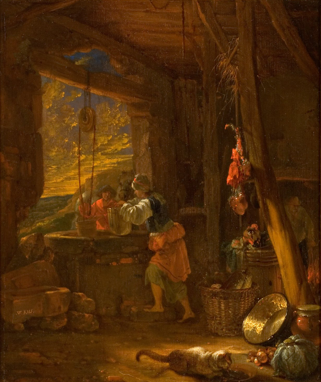 L'image représente une scène de vie intérieure dans un espace rural, probablement une cuisine ou une grange. On peut voir deux personnes occupées à des tâches ménagères, avec un homme penché sur un récipient, tandis qu'une autre personne, probablement une femme, assiste à l'activité. L'éclairage est chaleureux, suggérant une fin de journée avec des rayons de soleil qui pénètrent à travers une fenêtre. Des objets du quotidien, comme des paniers et des ustensiles, sont éparpillés dans la pièce, créant une atmosphère de convivialité et de vie simple. Un chat se trouve également au premier plan, ajoutant une touche de vie domestique à la scène.