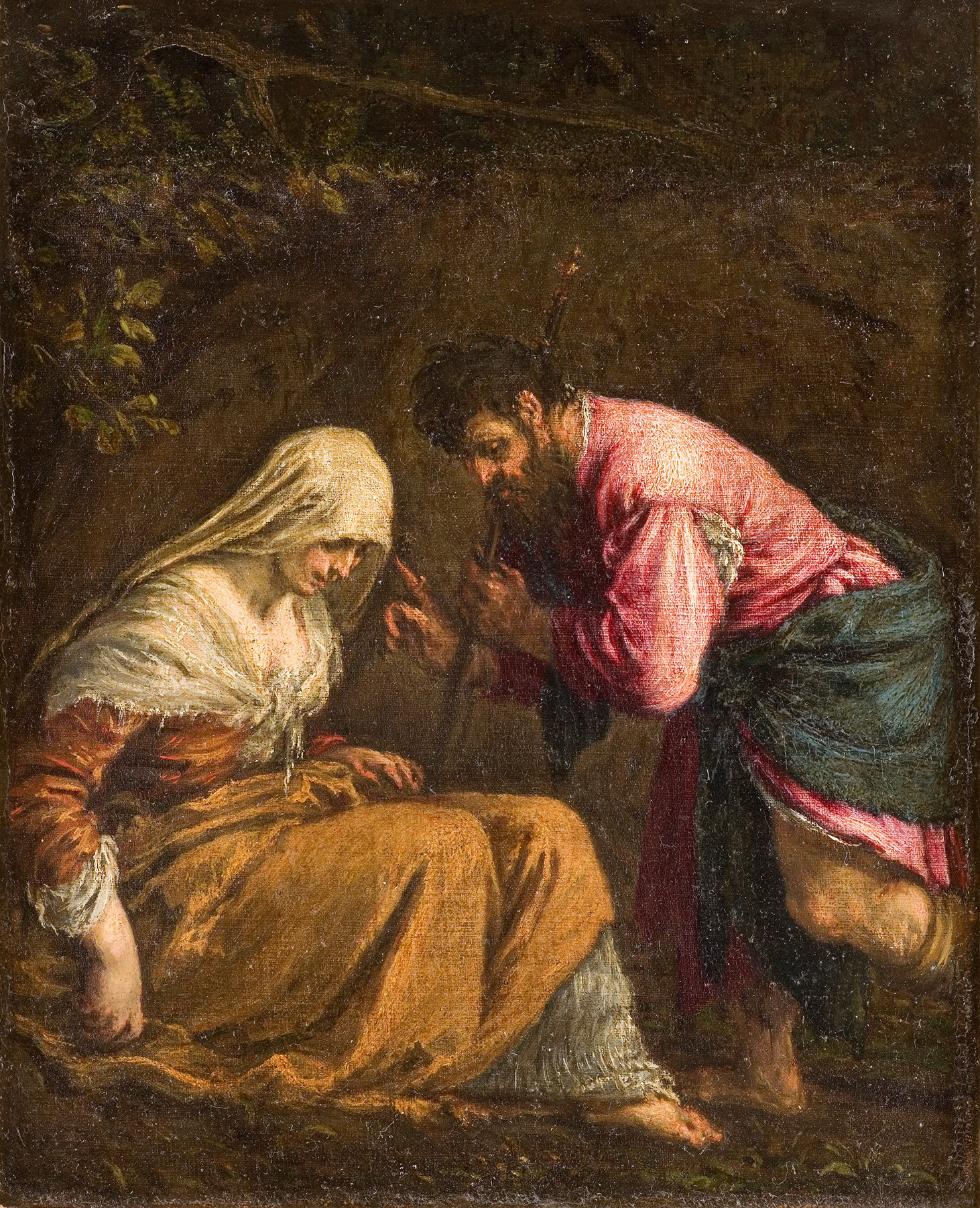 Cette peinture représente une scène dramatique entre deux personnages. À gauche, une femme est assise, vêtue d'une robe claire et d'un voile, semblant pensive ou troublée. À droite, un homme, habillé d'une tunique rose et d'un pantalon foncé, se penche vers elle avec une démarche attentive, tenant un bâton. L'environnement est sombre, ombragé par des éléments naturels, ce qui accentue l'intensité de l'interaction entre les deux figures. La lumière semble focalisée sur les personnages, mettant en avant leurs expressions et leur gestuelle.