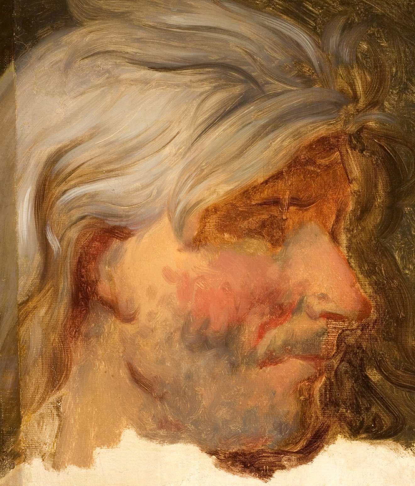 L'image représente un portrait d'un visage avec des traits marqués. Les cheveux sont longs et gris, tandis que la peau présente des nuances de rose et de terre. Le visage a un air expressif, avec des contours légèrement flous, ce qui donne une impression de mouvement ou d'émotion. Les couleurs utilisées semblent chaudes, et le fond est sombre, mettant en valeur le visage. Les détails sont présents mais stylisés, créant une atmosphère à la fois réaliste et impressionniste.