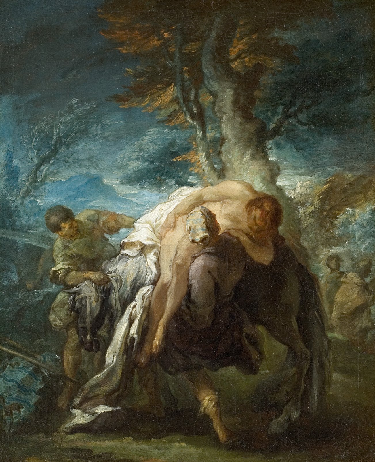 L'image représente une scène dramatique et émotive. On y voit deux hommes soutenant une figure plus âgée, qui semble fatiguée ou blessée. L'homme à gauche tient les rênes d'un cheval, tandis que l'autre homme aide à porter le personnage central. La composition est riche en mouvements, avec des couleurs chaudes et une lumière douce qui met en valeur les expressions des personnages. En arrière-plan, le paysage est naturel, avec des arbres et une atmosphère de tension. L'œuvre évoque des thèmes de solidarité et de compassion.