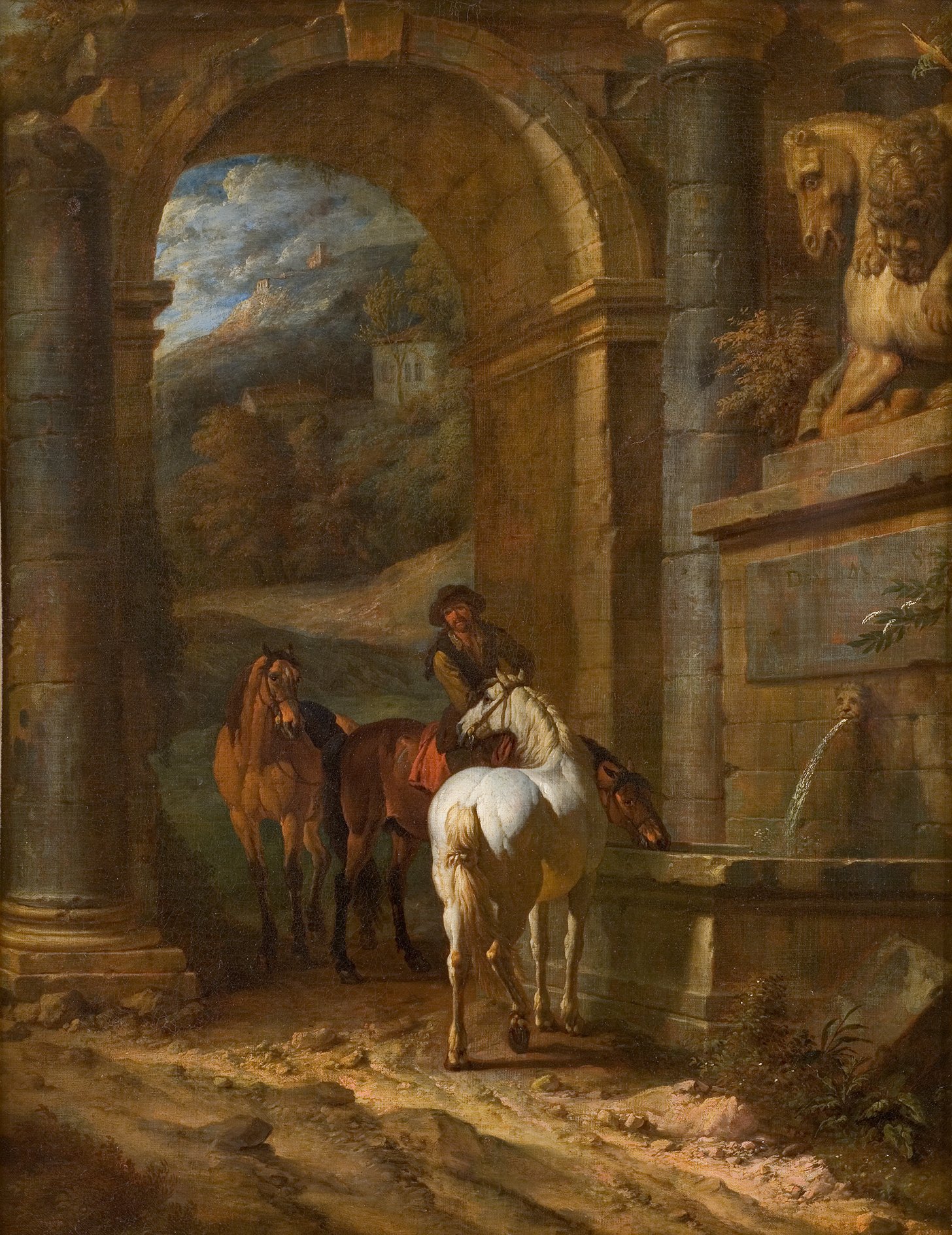 Cette image représente une scène de paysage classique avec un arceau en pierre au premier plan. Deux chevaux, l'un blanc et l'autre brun, se tiennent près d'une fontaine où l'eau coule. Un cavalier est également présent, habillé de manière traditionnelle, et observe le paysage environnant. À l'arrière-plan, on peut voir des collines et des détails architecturaux, créant une atmosphère paisible et bucolique. La lumière douce et les couleurs terreuses donnent un air de sérénité à cette composition.