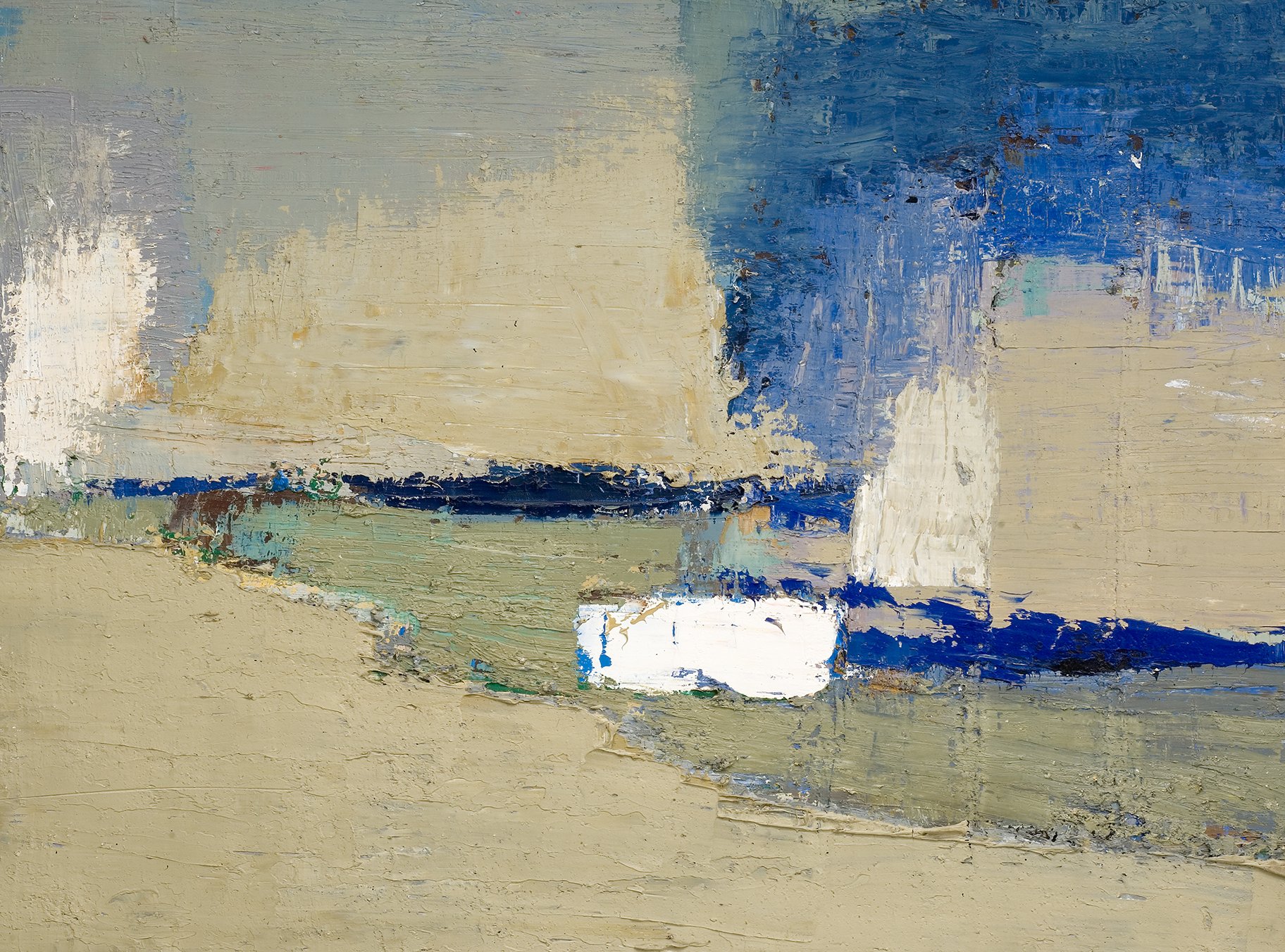 L'image représente une œuvre abstraite avec des couches de peinture aux teintes variées. On y observe des tons dominants de bleu, beige et blanc. Les coups de pinceau sont bien visibles, créant une texture riche et dynamique. La composition semble évoquer des paysages ou des éléments aquatiques, mais reste ouverte à l'interprétation, permettant à chacun de ressentir une émotion différente en la contemplant.
