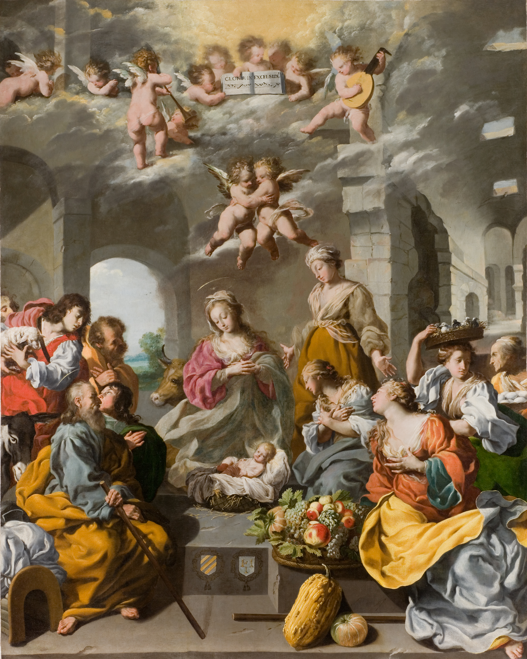 L'image représente une scène religieuse, vraisemblablement une adoration de la Vierge Marie et l'Enfant Jésus. Au centre, la Vierge est entourée de plusieurs figures, dont des anges en haut de la composition. Les personnages présentent des expressions de dévotion, et certaines femmes tiennent des offrandes. En arrière-plan, on peut voir des colonnes et des ruines, ajoutant une dimension architecturale à la scène. Les couleurs sont riches et vibrantes, mettant en valeur les vêtements des personnages et les détails des visages. C'est une œuvre qui évoque la spiritualité et la célébration de la maternité divine.