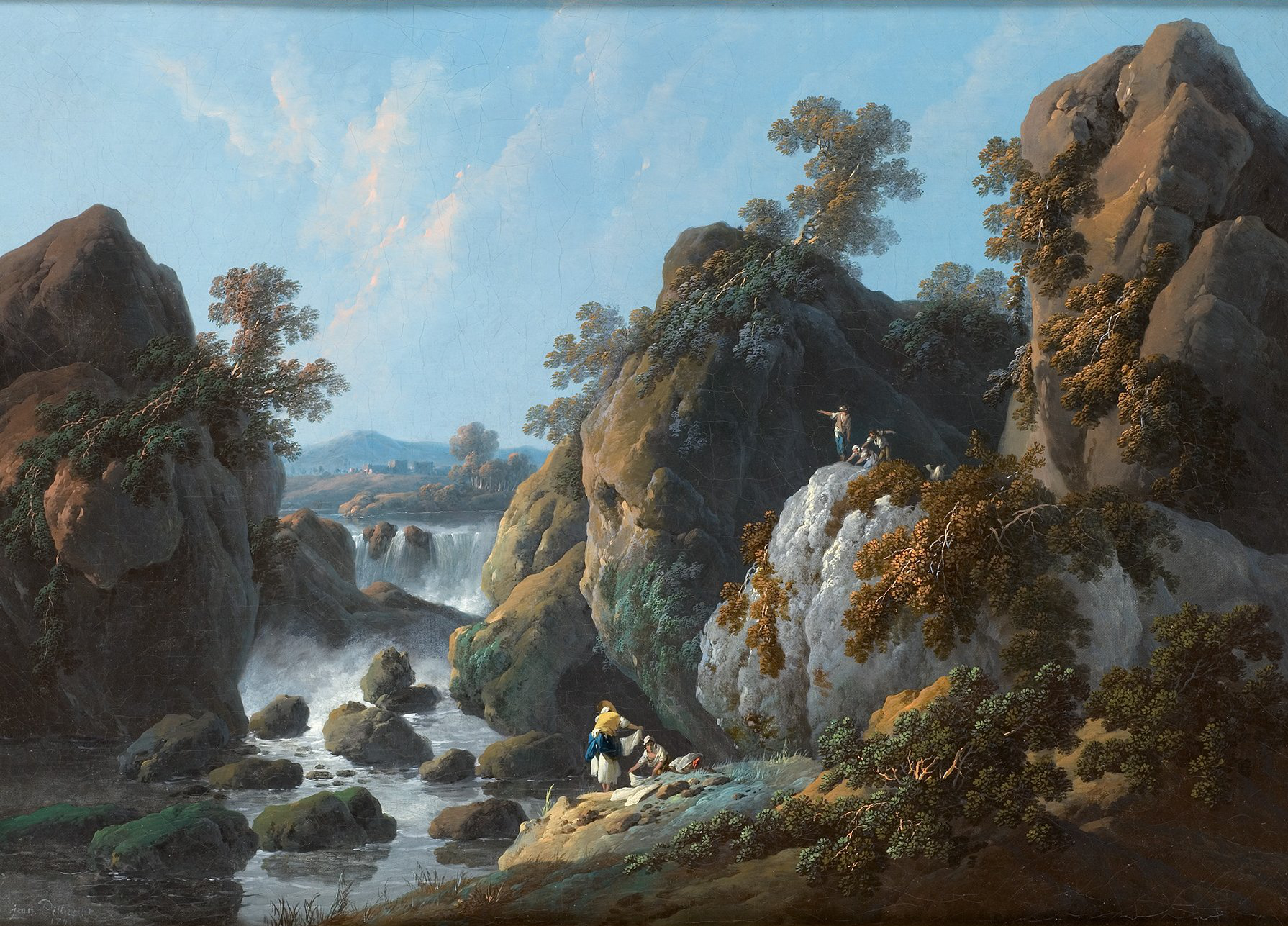 L'image représente un paysage naturel serein, rempli de rochers impressionnants et de verdure. Au premier plan, on peut voir des figures humaines qui semblent interagir avec la nature, peut-être en train de pêcher ou de cueillir quelque chose. À l'arrière-plan, une cascade se déverse, créant un effet apaisant avec le bruit de l'eau. Le ciel est dégagé, avec quelques nuages, et la lumière du soleil illumine la scène, ajoutant une ambiance paisible et idyllique. Les arbres et les buissons ajoutent de la texture au paysage, rendant l'ensemble vivant et harmonieux.