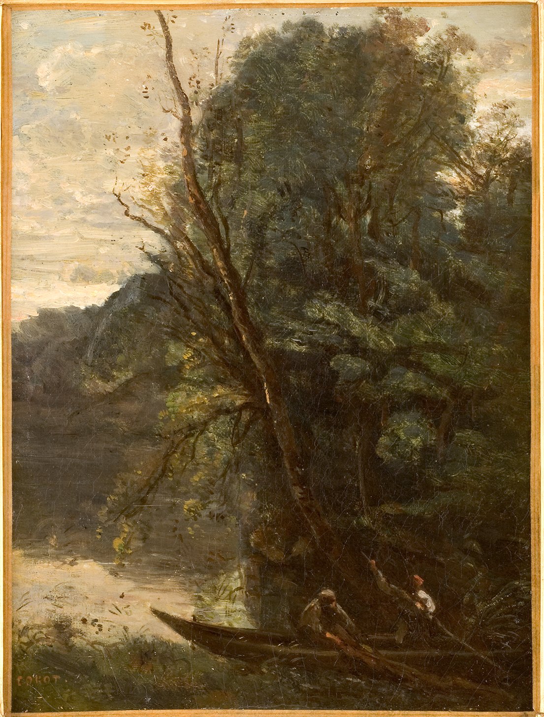 L'image représente un paysage tranquille avec un cours d'eau. On y voit un arbre majestueux sur la rive, avec une végétation luxuriante. Deux personnes sont dans une petite barque, peut-être en train de pêcher ou de se déplacer sur l'eau. Le ciel est légèrement nuageux, ajoutant une atmosphère douce et paisible à la scène. Les couleurs sont riches, avec des nuances de vert et des reflets sur l'eau, évoquant un moment de calme en pleine nature.