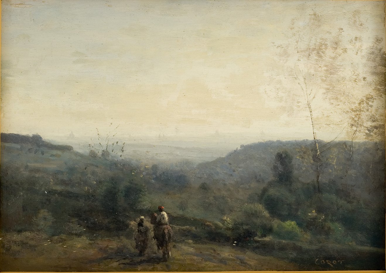 Cette image représente un paysage naturel, probablement une œuvre de peinture de style impressionniste. On y voit deux figures à cheval au premier plan, se tenant de dos et contemplant un vaste paysage vallonné. La lumière est douce et diffuse, suggérant une atmosphère paisible, et le ciel est partiellement nuageux, teinté de couleurs claires. Les arbres et la végétation sont présents en arrière-plan, ajoutant une touche de verdure à l'ensemble. Ce tableau transmet une sensation de tranquillité et d'harmonie avec la nature.