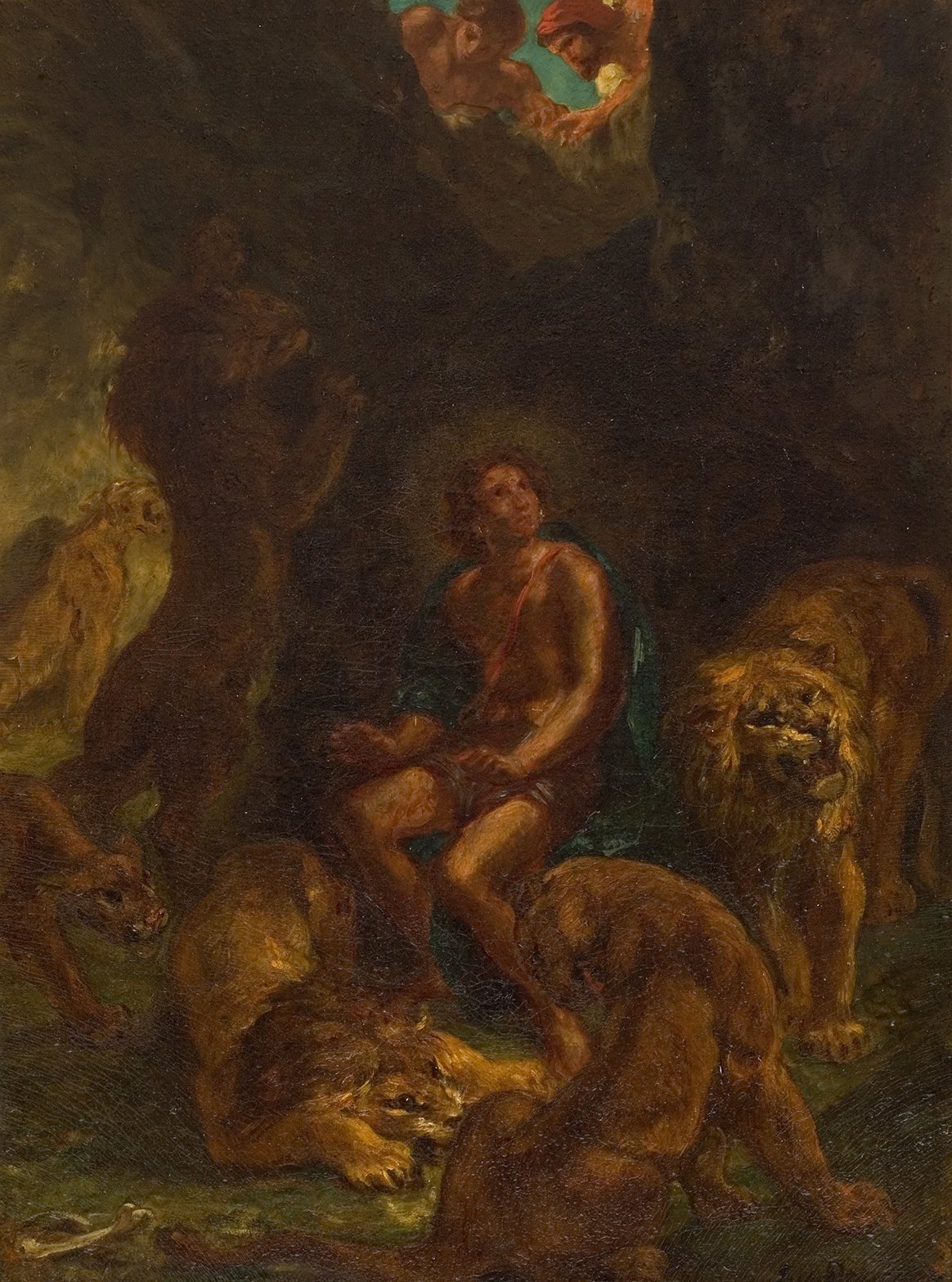 L'image représente un homme assis au centre, entouré de lions. Il semble calme et serein, malgré la présence des animaux sauvages. Le décor est rocheux, suggérant une caverne ou un environnement naturel. La luminosité met en valeur les détails des lions et l'expression du personnage, créant une atmosphère à la fois dramatique et impressionnante. Les couleurs sont riches et chaudes, ajoutant de la profondeur à la scène.