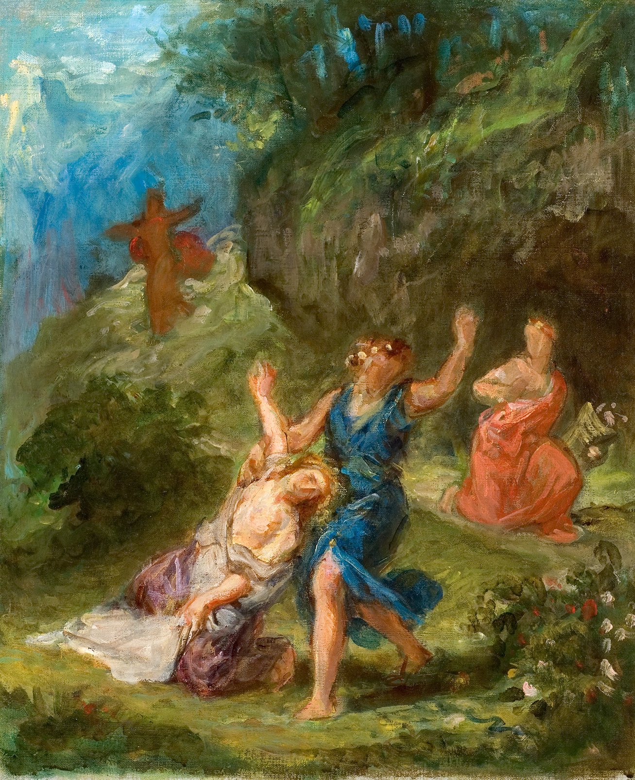 Cette image représente une scène romantique et expressive, probablement inspirée par des thèmes mythologiques ou émotionnels. On peut y voir plusieurs figures humaines, dont deux se tiennent au premier plan. L'une des figures, vêtue d'une robe bleue, semble dans une posture dynamique, levant les bras vers le ciel, tandis qu'une autre figure, allongée sur le sol, exprime une forme de désespoir ou de souffrance. En arrière-plan, d'autres silhouettes, ainsi qu'une végétation luxuriante, ajoutent à l'atmosphère dramatique de la composition. Les couleurs sont vives et les coups de pinceau sont fluides, contribuant à la sensation de mouvement et d'émotion intense.