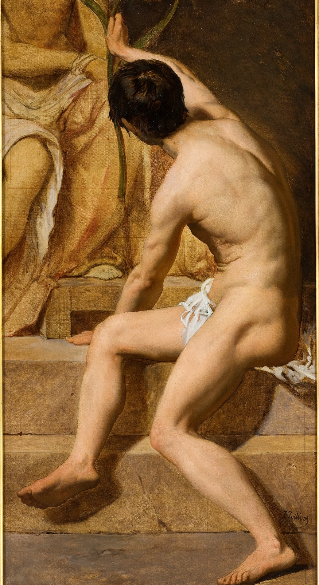 L'image montre une figure masculine nue, vue de dos, assise sur une marche ou une plateforme. L'homme est partiellement tourné vers la droite, avec une pose dynamique, mettant en avant la musculature de son corps. Il semble interagir avec quelque chose, probablement une sculpture ou une autre figure en avant-plan. L'éclairage met en valeur les contours de son corps, créant des ombres douces. Le style de la peinture rappelle des influences classiques, mettant l'accent sur la beauté et l'harmonie du corps humain.