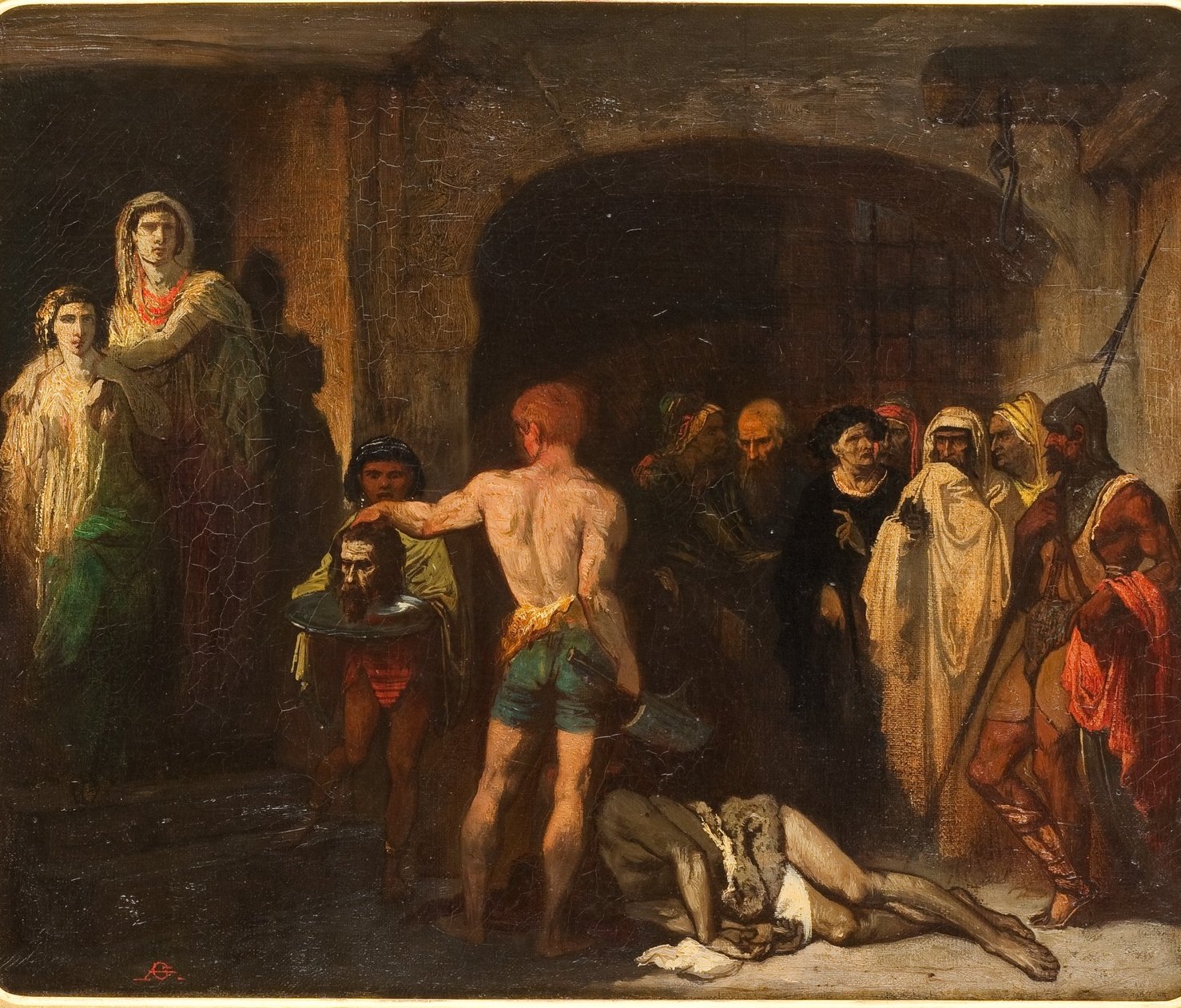 L'image représente une scène dramatique dans un environnement sombre et historique. Au centre, un homme torse nu, portant des shorts, semble se tenir devant une figure de pouvoir, tandis qu'il tient une assiette. Autour de lui, plusieurs personnages aux expressions variées sont présents, certains regardant avec curiosité et d'autres avec un air de tristesse ou de désespoir. À gauche, une figure féminine, probablement symbolique ou religieuse, se tient en retrait, ajoutant un contraste avec l'agitation de la scène. L'éclairage met en valeur les traits et les émotions des personnages, créant une ambiance intense et captivante.