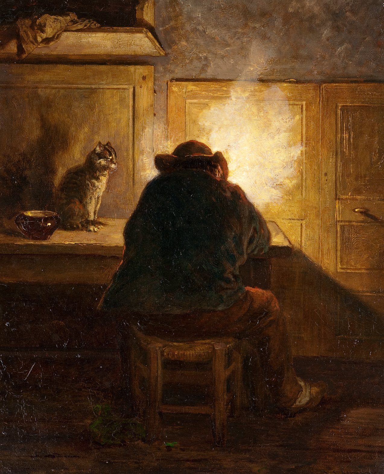 L'image représente une scène intime où une personne est assise de dos, concentrée sur la lumière émanant d'une source, probablement une lampe ou un feu. Cette lumière éclaire la pièce, créant des ombres douces sur les murs. À côté de la personne, un chat observe attentivement. L'atmosphère est chaleureuse et nostalgique, évoquant un moment de calme et de réflexion. Les détails du mobilier et de l'ombre accentuent le réalisme de la scène.