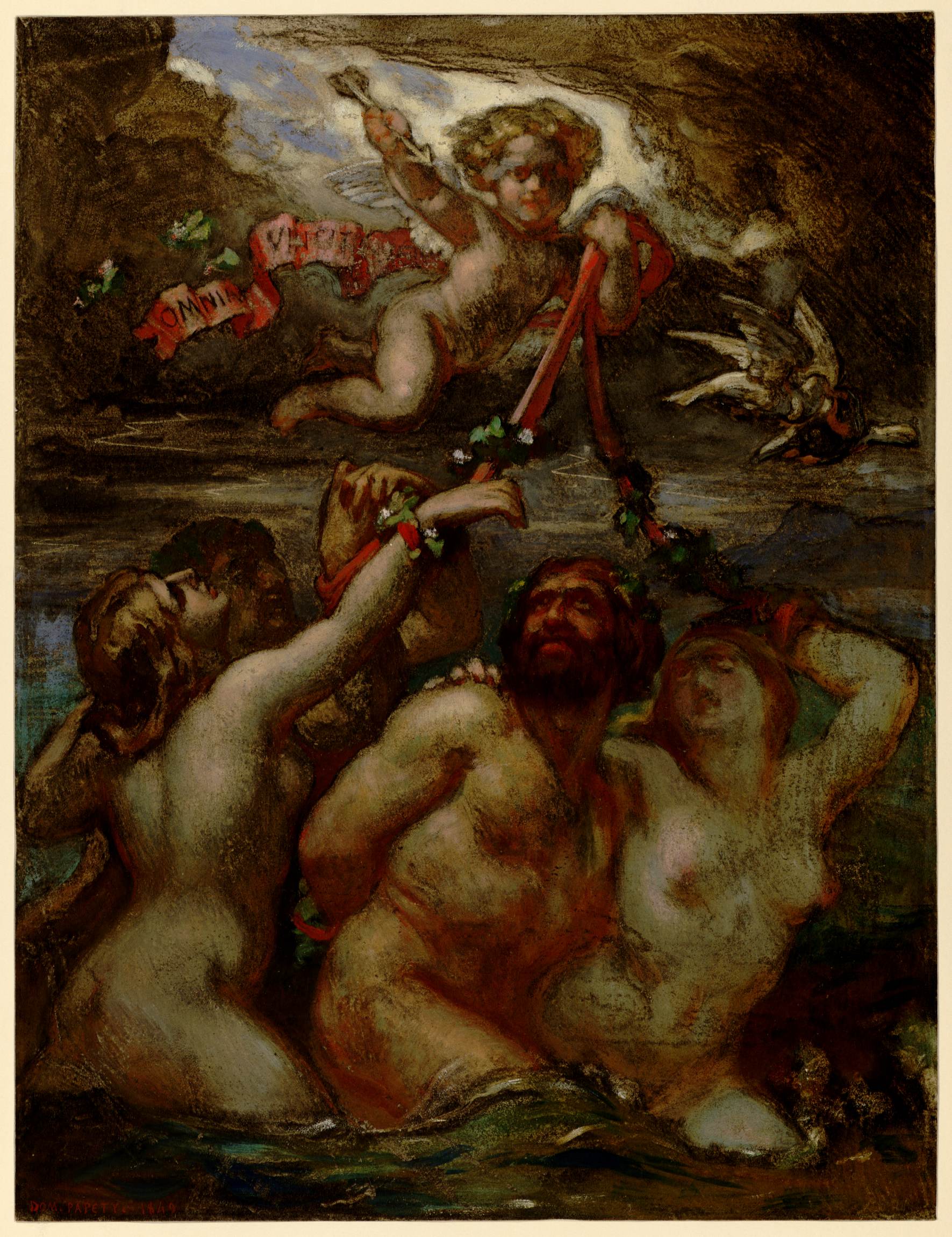 Cette image représente un tableau aux tonalités sombres et aux figures humaines. On y voit plusieurs personnages nus, évoquant des nymphes ou des divinités, qui semblent émerger d'une eau tumultueuse. Ils sont entourés de feuillage et semblent participer à une sorte de célébration ou de rituel. Au-dessus d'eux, un angelot tient une bannière, tandis qu'un oiseau survolent la scène, ajoutant une touche de légèreté à l'ensemble. L'atmosphère est à la fois mélancolique et festive, avec un jeu de lumière et d'ombre qui donne vie aux personnages.