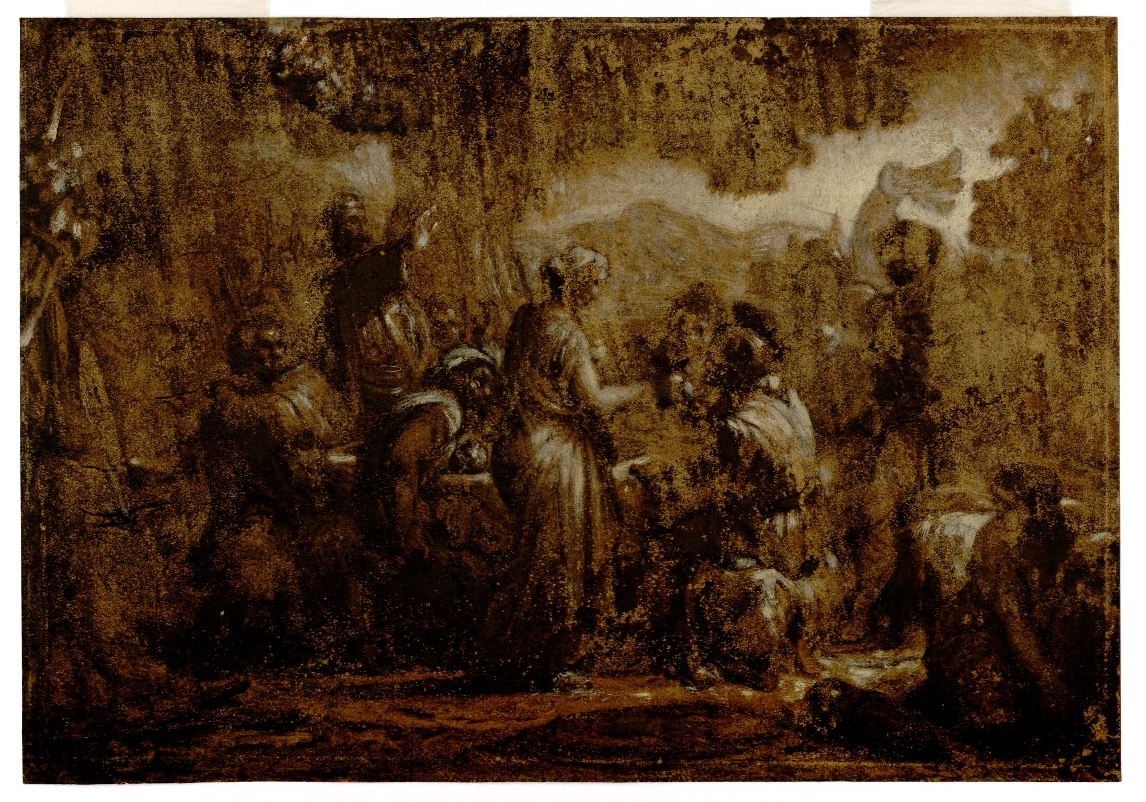 L'image semble représenter une scène de groupe avec plusieurs personnages, probablement dans un contexte historique ou mythologique. Les figures sont entourées de détails sombres et flous, ce qui suggère une atmosphère dramatique. Des éléments de nature, comme des feuillages ou des fruits, pourraient être présents. La composition semble complexe, avec des interactions entre les personnages, chacun ayant un rôle dans cette scène. Les couleurs sont légèrement ternes, créant un effet de profondeur et de mystère.