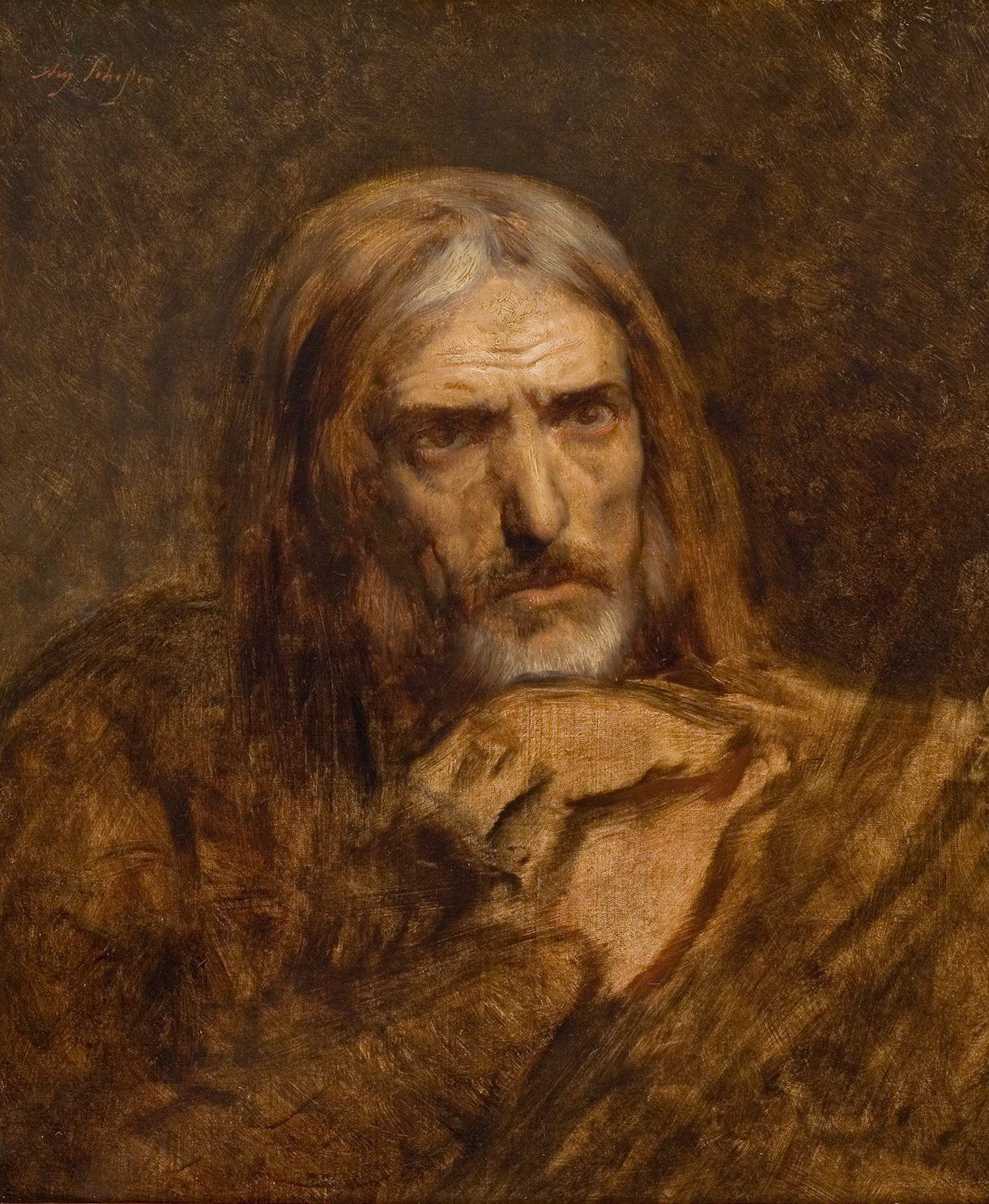 L'image représente un portrait d'un homme âgé avec une expression pensive. Il a de longs cheveux gris et une barbe, son visage marqué par le temps. Le fond est sombre, ce qui accentue la lumière sur son visage, créant un contraste fort. L'homme semble contemplatif, peut-être en proie à des pensées profondes. Le style de la peinture est réaliste, avec des touches de couleur terreuse qui ajoutent à l'atmosphère générale de l'œuvre.
