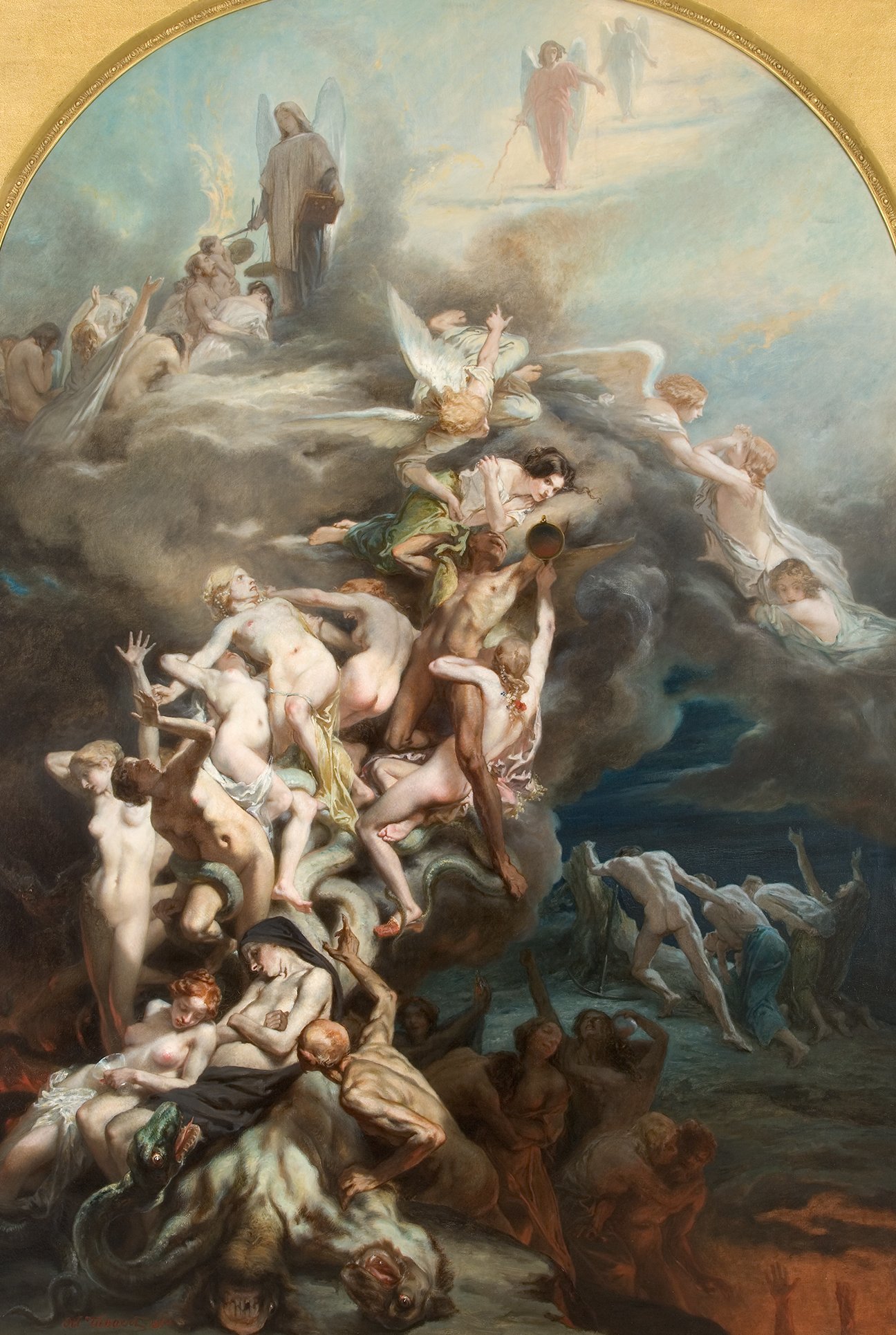 L'image présente une composition emblématique et dramatique, où plusieurs figures humaines sont représentées dans un paysage nuageux et lumineux. Des anges et des personnages mythologiques semblent ascensionner vers le ciel, tandis que d'autres, dans des poses d'angoisse et de souffrance, cherchent à s'échapper d'une scène tumultueuse en bas. La lumière douce et les couleurs chaudes contrastent avec des éléments sombres, créant une atmosphère à la fois divine et tragique. L'ensemble évoque des thèmes de lutte, de rédemption et de transcendance.