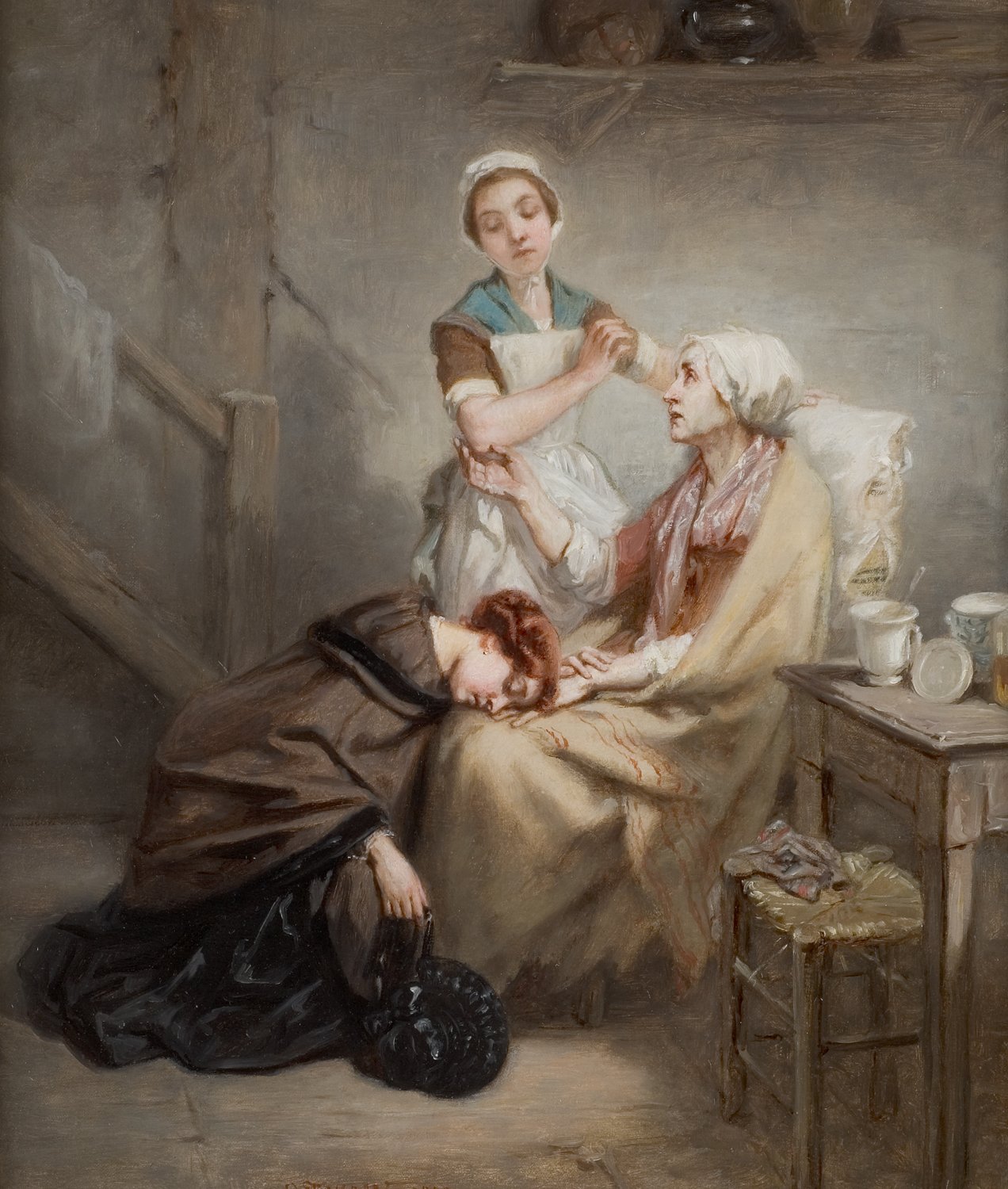 L'image représente une scène intérieure où trois femmes sont mises en avant. Une jeune femme, en vêtement simple, s'occupe d'une femme âgée assise, probablement en train de lui prodiguer des soins ou de la réconforter. On peut voir une autre jeune femme derrière elle, qui semble observer la scène. La femme âgée, habillée de manière traditionnelle, a une expression de vulnérabilité. À l'avant, il y a un moine, penché, faisant face au sol, ce qui indique peut-être une attitude de dévotion ou de tristesse. L'environnement est simple, avec des objets de la vie quotidienne sur une table à côté. La lumière douce crée une atmosphère intime et poignante.