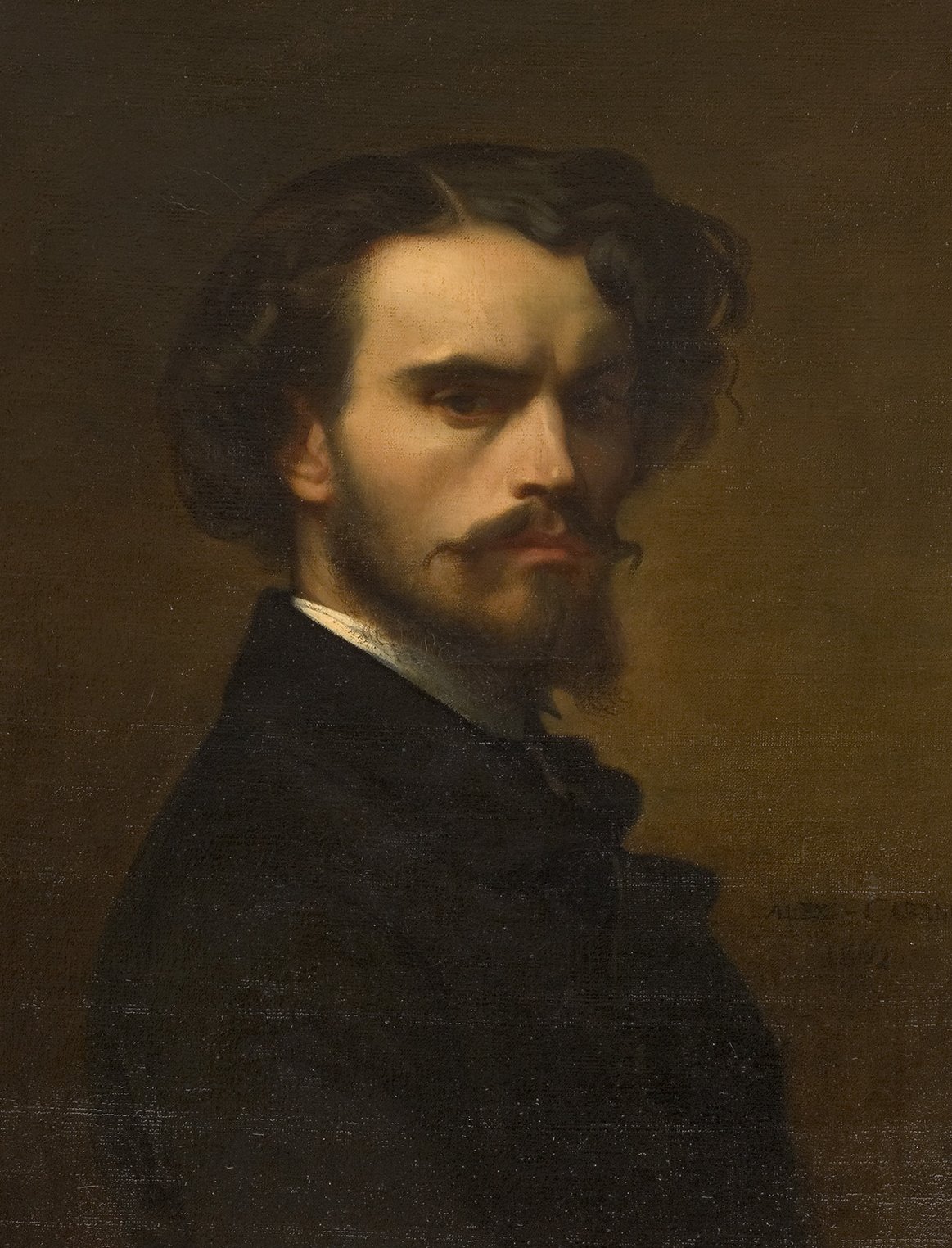 L'image représente un portrait d'un homme au regard intense. Il a des cheveux noirs bouclés et une barbe soignée, ce qui lui donne un air élégant et réfléchi. Il est vêtu d'un manteau noir, et son expression semble sérieuse, presque mélancolique. Le fond est de couleur sombre, mettant en valeur les traits de son visage et le contraste de sa tenue. L'ensemble du tableau évoque une atmosphère de profondeur et de mystère.