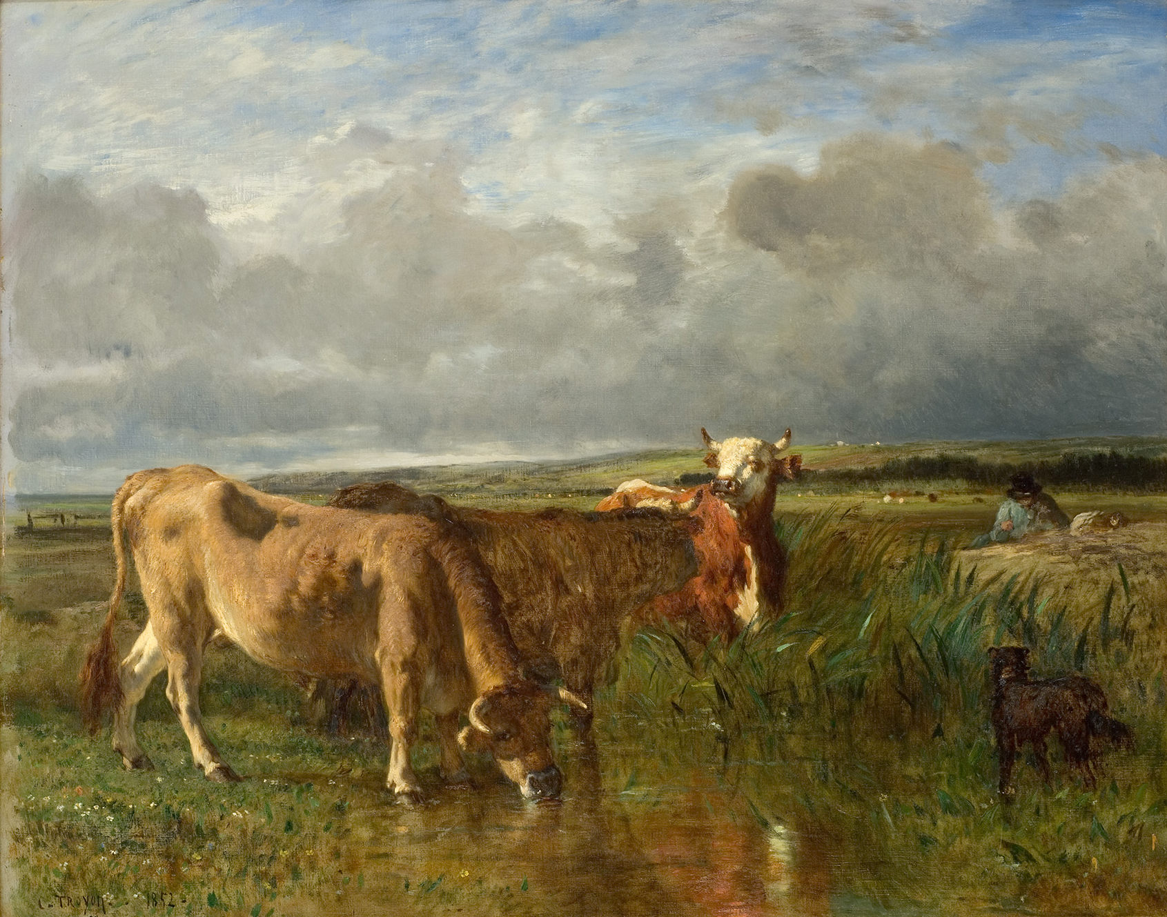 Cette image représente une scène pastorale avec des vaches près d'un point d'eau. Deux vaches, l'une brune et l'autre rousse et blanche, se tiennent au premier plan, tandis qu'un chien noir se trouve à leurs côtés. En arrière-plan, on peut voir un champ verdoyant et un ciel nuageux, créant une atmosphère paisible et bucolique. Des personnes sont également présentes au loin, indiquant une activité agricole dans la région. L'œuvre dégage une sensation de tranquillité et de lien avec la nature.