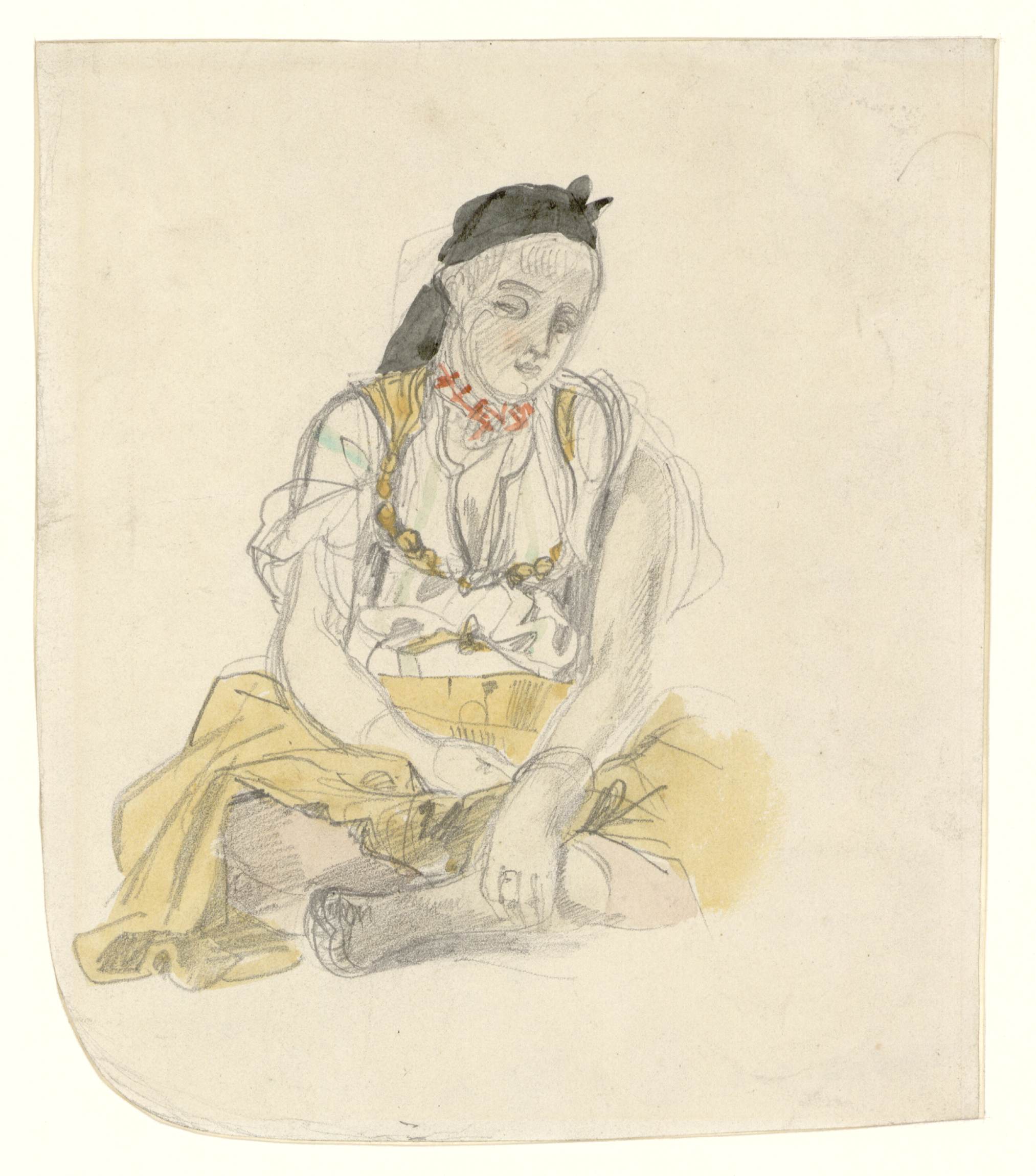 L'image représente une figure assise, vêtue d'un costume traditionnel. Elle porte un haut léger orné et une jupe jaune. Son expression semble mélancolique ou pensive. Des éléments décoratifs, comme des colliers ou des accessoires dans les cheveux, ajoutent au caractère de la scène. L'illustration est réalisée dans un style légèrement esquissé, avec des nuances pastel qui donnent une ambiance douce et introspective.