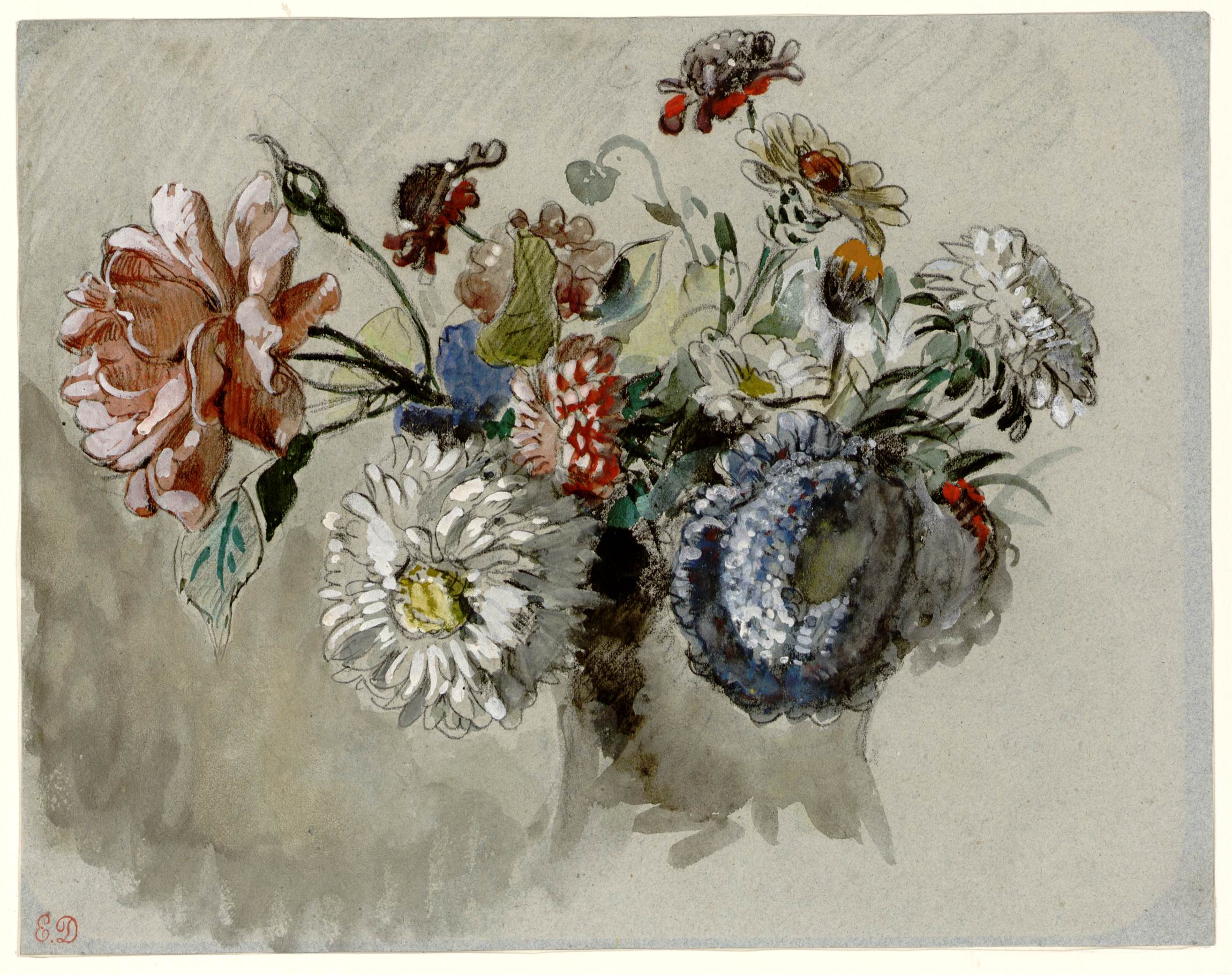 L'image représente un bouquet de fleurs colorées disposées de manière artistique. On peut y voir des roses, des marguerites et d'autres fleurs variées, avec des teintes vives telles que le rouge, le bleu et le blanc. Le fond est peint de manière discrète, ce qui met en valeur la beauté des fleurs. L'ensemble évoque une atmosphère douce et romantique, caractéristique d'une nature morte. Les détails des fleurs sont soigneusement rendus, montrant une certaine délicatesse et finesse dans le travail.