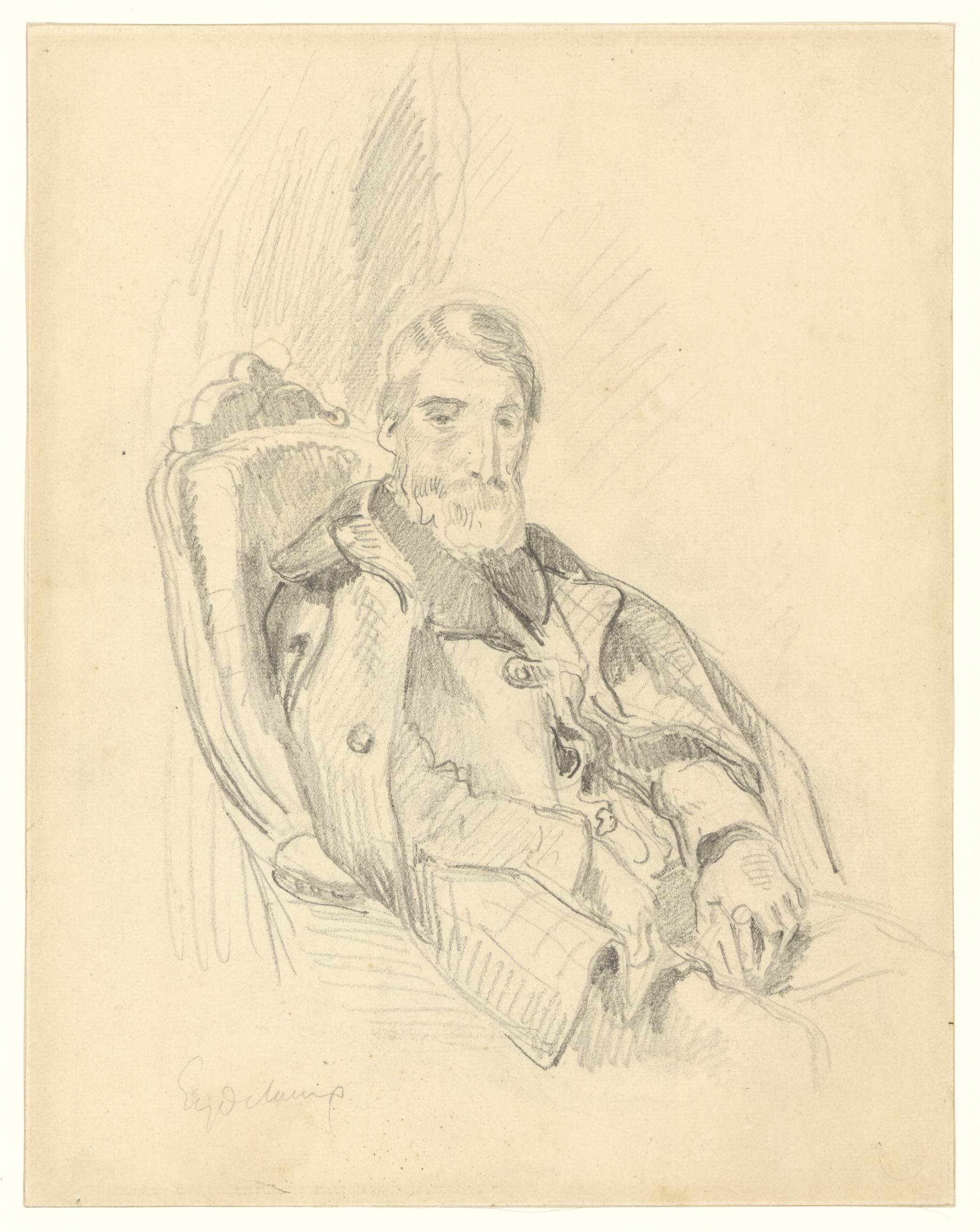 L'image représente un croquis au crayon d'un homme assis dans un fauteuil. Il a une barbe fournie et des cheveux longs, et porte une veste ou un manteau avec des boutons. Son expression semble pensante ou contemplative. L'arrière-plan est légèrement esquissé, ce qui met l'accent sur la figure principale. Le style est simple, avec des lignes fluides et des ombres douces, caractéristique d'une étude artistique.