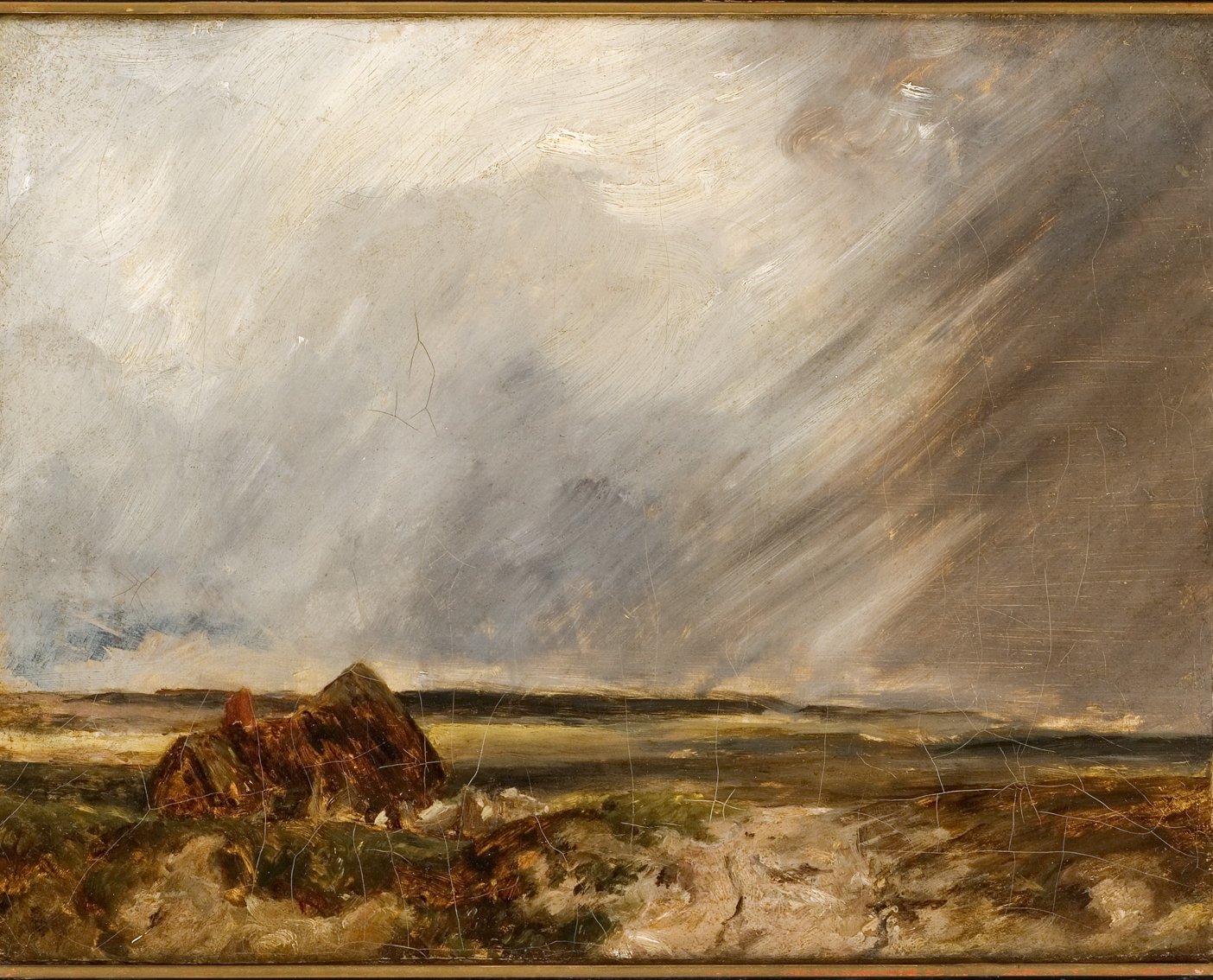 L'image représente un paysage à l'aspect dramatique, avec des nuages sombres et tourbillonnants qui dominent le ciel. On peut voir une terre vaste et dégagée, ainsi qu'une structure rurale, peut-être une maison en ruine, inclinée sur le côté. La palette de couleurs est principalement composée de gris et de terre, évoquant une atmosphère de tempête ou d'incertitude. Les coups de pinceau semblent rapides et énergiques, ajoutant une sensation de mouvement à la scène.