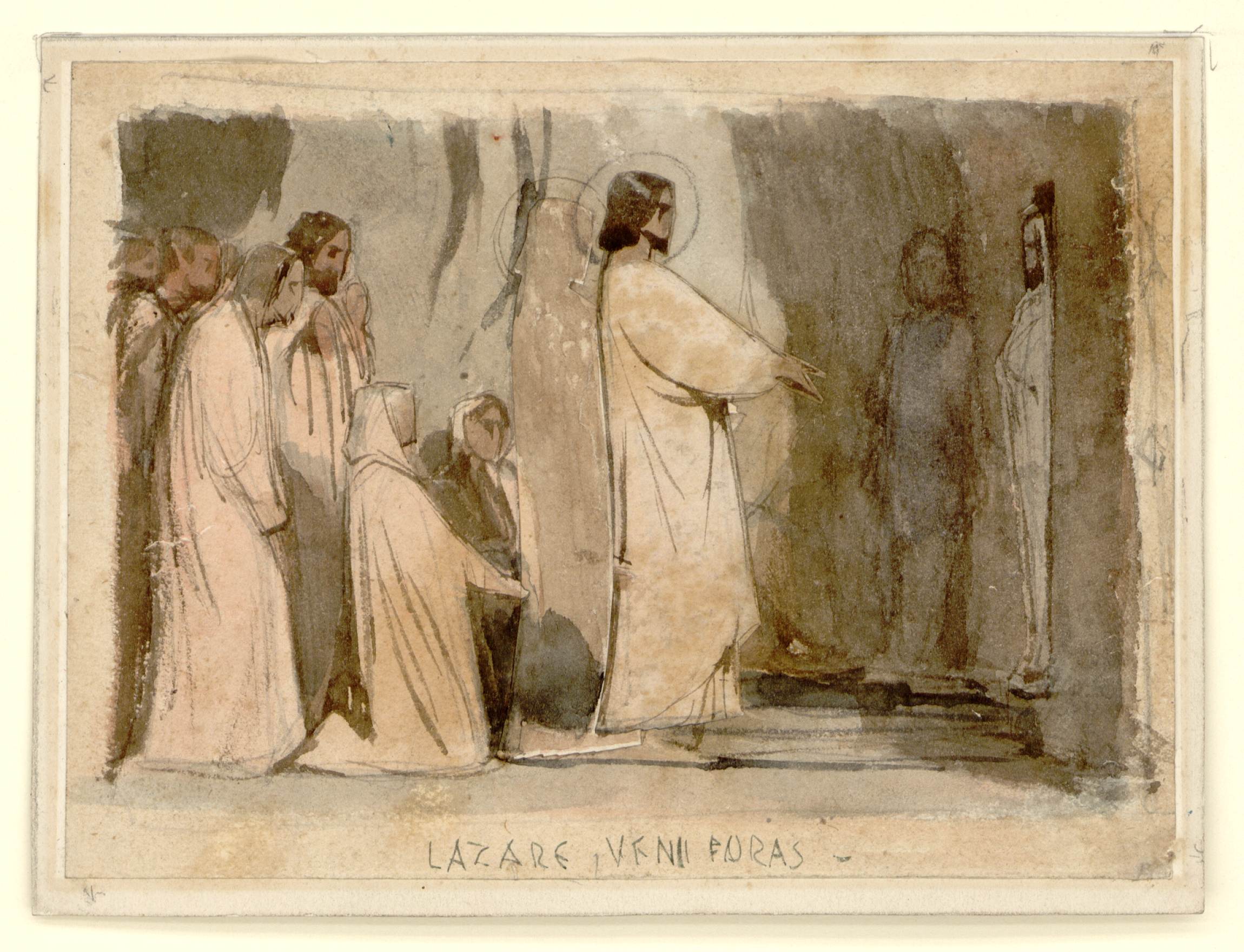 L'image représente une scène biblique où Jésus ressuscite Lazare. On peut voir Jésus au centre, vêtu d'une robe claire, s'adressant à un groupe de personnes qui l'entourent, probablement des disciples et d'autres témoins. Lazare, souvent représenté comme un homme sortant d'un tombeau, semble être sur le point d'être ressuscité. L'ambiance est sérieuse et spirituelle, reflétant un moment de miracle et de foi. Les couleurs sont douces et les traits sont esquissés, donnant une impression de mouvement et d'émotion intense.