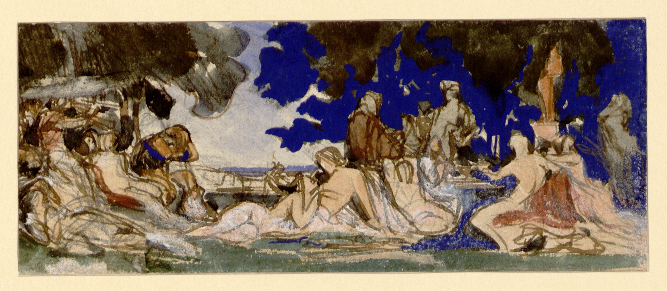 L'image semble représenter une scène animée en plein air, avec plusieurs personnages disposés de manière variée. Des figures humaines sont visibles, certaines assises et d'autres debout, et elles interagissent dans un environnement naturel. Le fond montre des arbres et un ciel vibrant qui ajoute de la profondeur à la composition. Les couleurs utilisées sont plutôt vives, avec des touches de bleu et des tons terreux, ce qui crée une atmosphère à la fois dynamique et apaisante. On peut ressentir un sentiment de convivialité et de partage parmi les personnages.