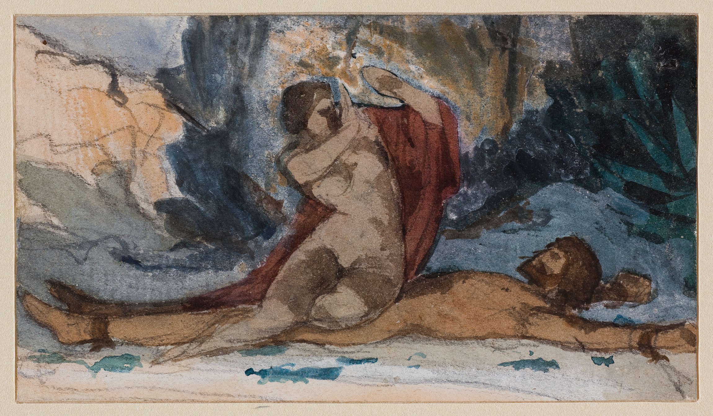 L'image présente une scène qui semble représenter un moment intime entre deux figures humaines. L'une est drapée dans un voile ou un tissu rouge, tandis que l'autre est allongé. Les postures et les expressions peuvent suggérer une interaction émotionnelle ou dramatique. L'arrière-plan est composé de couleurs sombres et de formes qui peuvent évoquer un environnement naturel. Les coups de pinceau et l'utilisation des couleurs donnent une qualité expressive à l'œuvre.