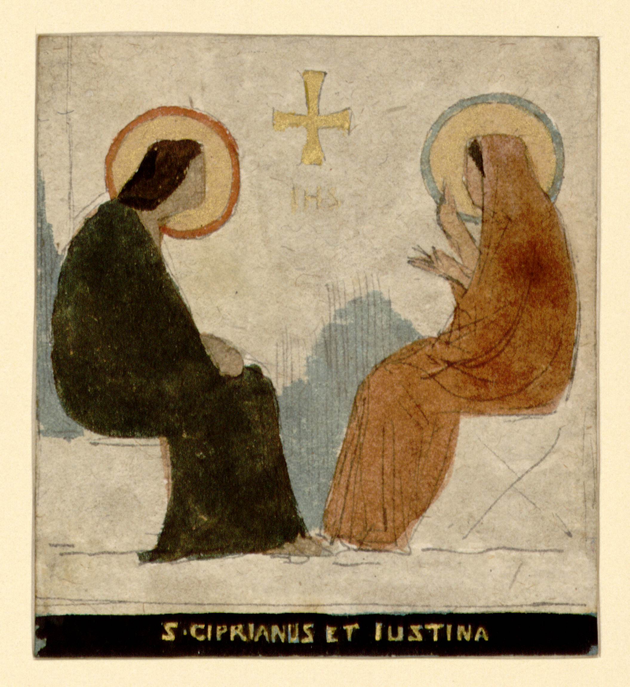 L'image représente deux figures religieuses, probablement saint Cyprien et sainte Justine, assises face à face. Chaque figure a une auréole autour de la tête, indiquant leur sainteté. Le saint est vêtu d'une robe noire, tandis que la sainte porte une robe marron. En arrière-plan, on peut voir une croix, symbole chrétien, et au-dessus, les initiales "IM" qui pourraient référencer une inscription. La composition est simple, avec des couleurs sobres et une ambiance austère, typique de l'art religieux ancien. Un bandeau en bas présente le nom "S. CIPRIANUS ET JUSTINA".