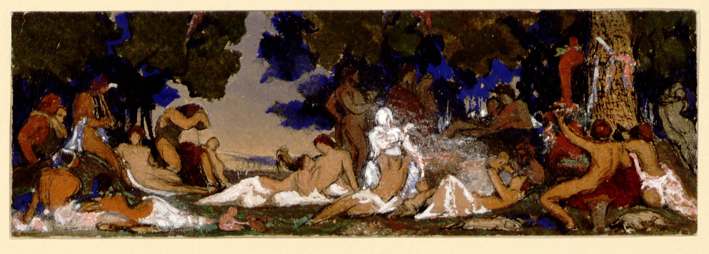 L'image représente une scène allusive et artistique, où plusieurs figures humaines sont disposées dans un cadre naturel, sous de grands arbres. La composition semble évoquer un rassemblement ou une fête, avec des corps nus et des attitudes variées, allant de la somnolence à des interactions plus animées. Les couleurs utilisées sont riches et variées, créant une ambiance à la fois vibrante et sereine, suggérant un moment de convivialité et de connexion avec la nature. La lumière, notamment, joue un rôle important dans la mise en valeur des personnages et de l'environnement.