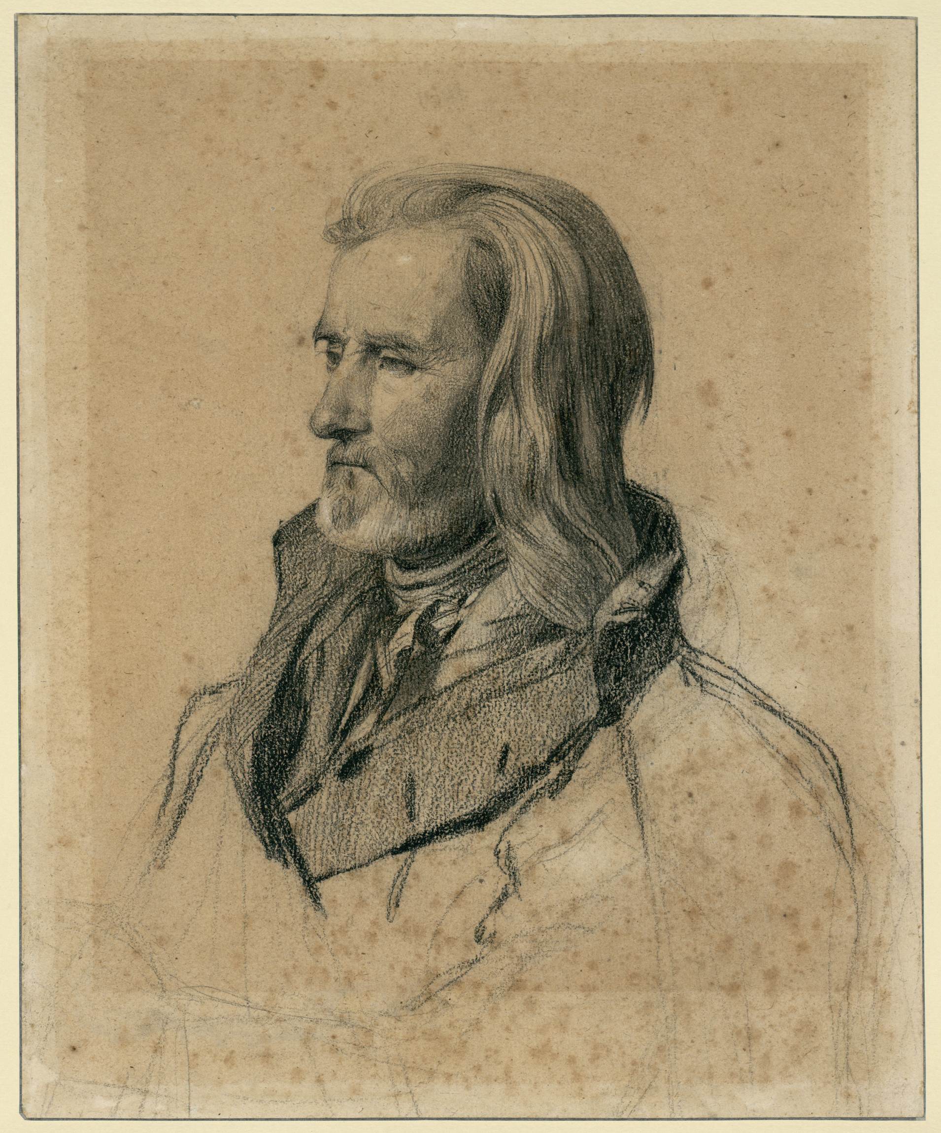 L'image représente un portrait d'un homme, réalisé dans un style esquissé. On aperçoit le profil de cet homme, qui a des cheveux longs et une barbe grise. Il porte un manteau qui semble être assez ample et est vêtu de manière élégante. Le fond est de couleur beige, ce qui met en valeur les détails du visage et des vêtements. Le dessin semble fait au crayon ou à l'encre, avec des ombres pour accentuer certaines caractéristiques.