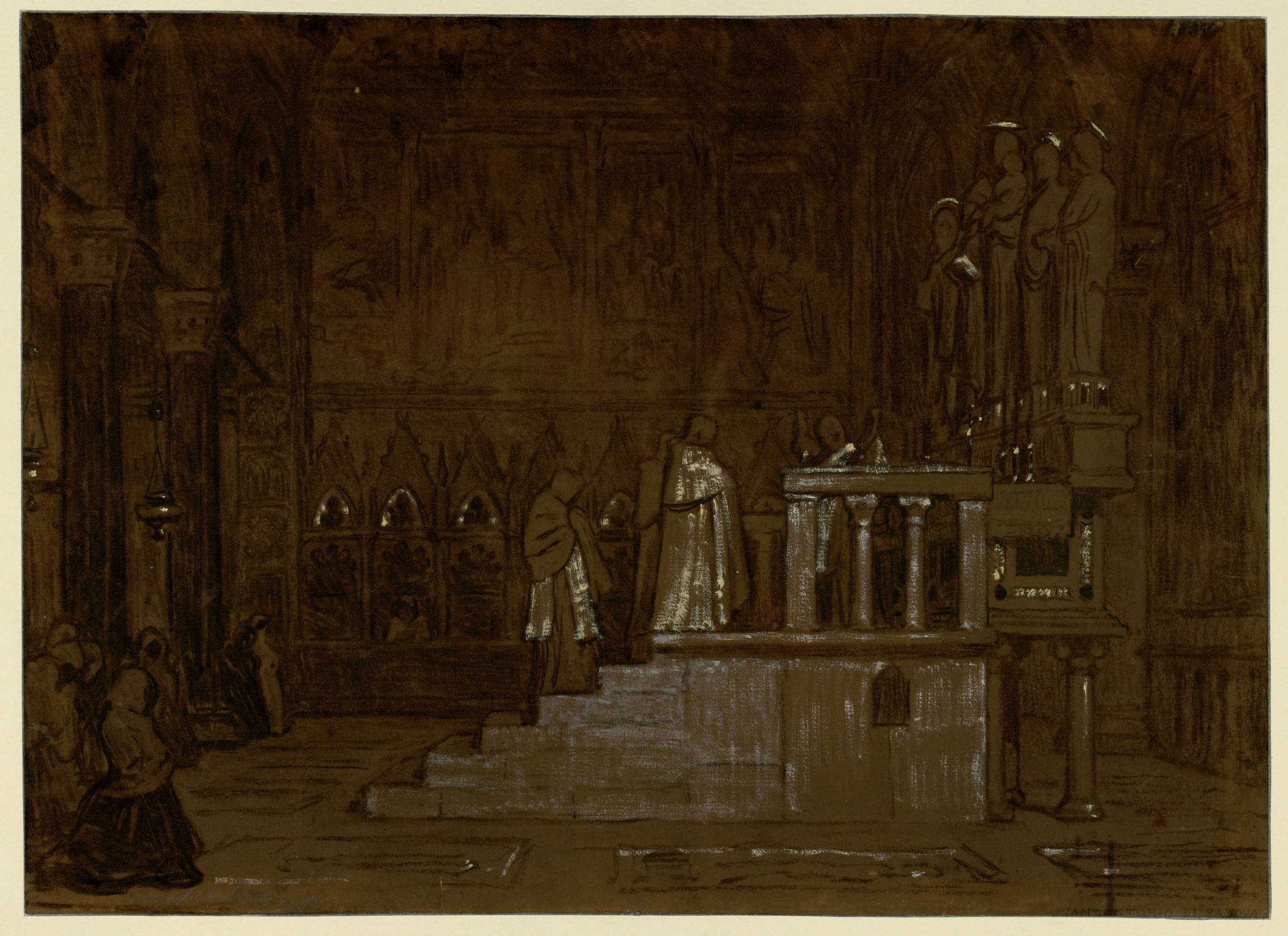 L'image représente une scène d'intérieur d'une église ou d'une chapelle. On y voit plusieurs personnages en habits religieux, probablement des prêtres, occupés autour d'un autel. L'éclairage est faible, créant une ambiance sombre et solennelle, avec des murs ornés et des statues visibles à l'arrière-plan. Des fidèles semblent être assis ou agenouillés, participant à une cérémonie. L'ensemble dégage une atmosphère de recueillement et de spiritualité.