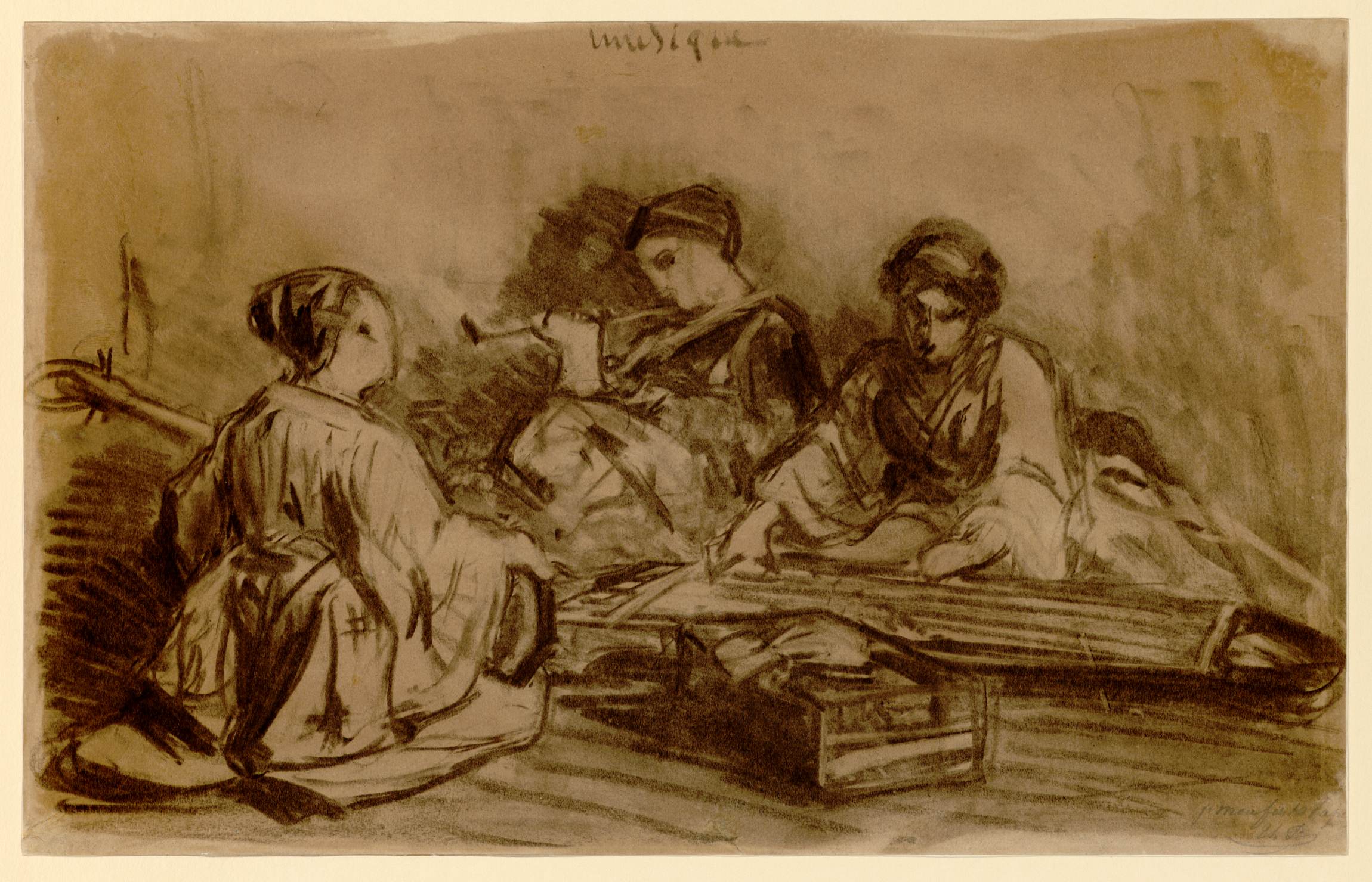 L'image représente un groupe de trois personnes assises. Elles semblent être engagées dans une activité artisanale ou musicale. La composition est réalisée dans des tons sombres et neutres, créant une ambiance intimiste. Les figures sont entourées d'objets, peut-être des instruments de musique ou des matériaux de travail. L'éclairage met en valeur leurs silhouettes, accentuant l'harmonie et la concentration de la scène.