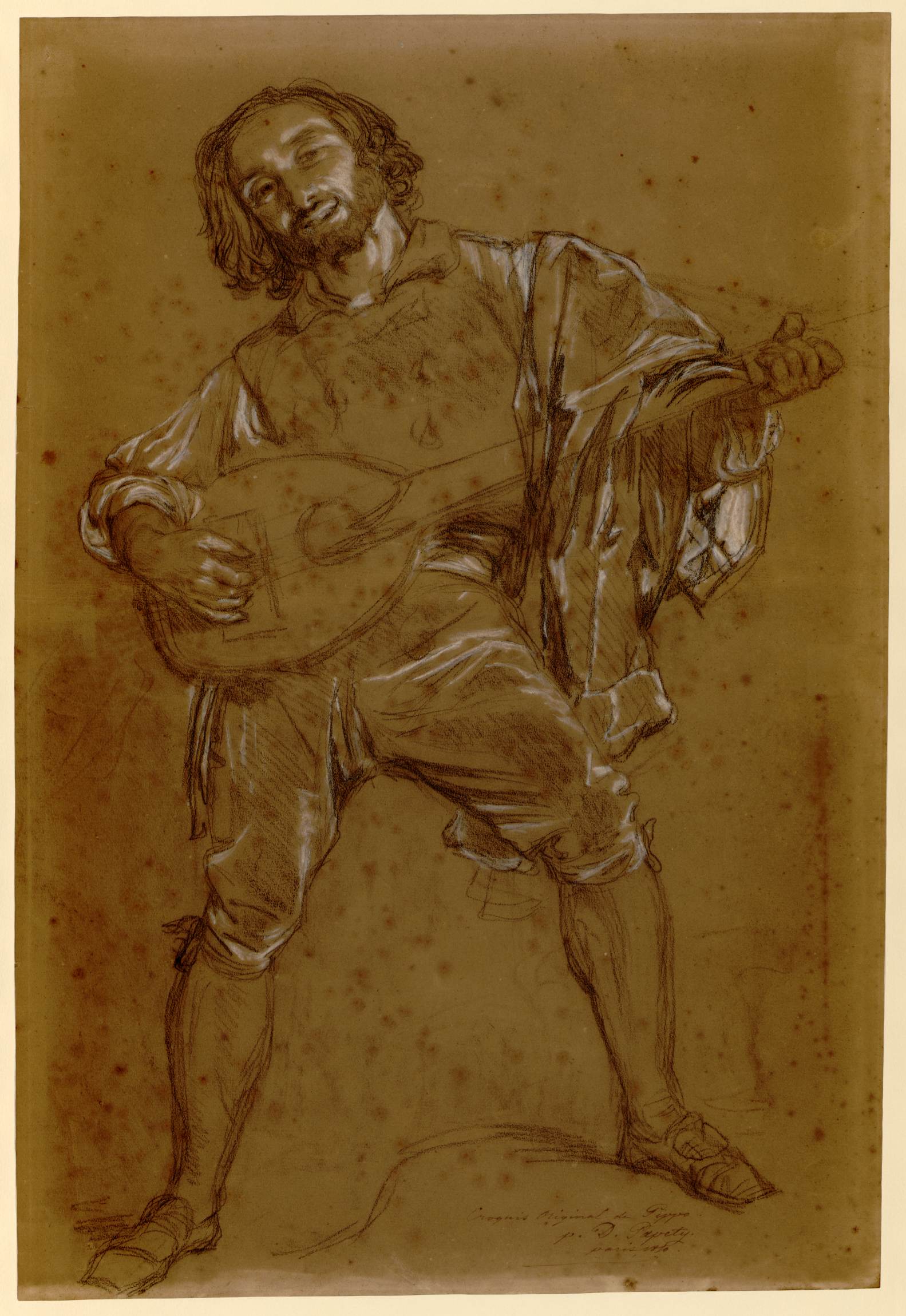 L'image représente un homme en train de jouer de la mandoline. Il est vêtu de vêtements d'époque, avec une chemise légère et un pantalon. Son expression faciale laisse transparaître la joie ou la passion pour la musique. Ses cheveux sont longs et désordonnés, et il semble plongé dans sa performance. Le dessin a une teinte sépia, ce qui lui donne un aspect ancien et intemporel. L'illustration dégage une atmosphère artistique et vibrante.