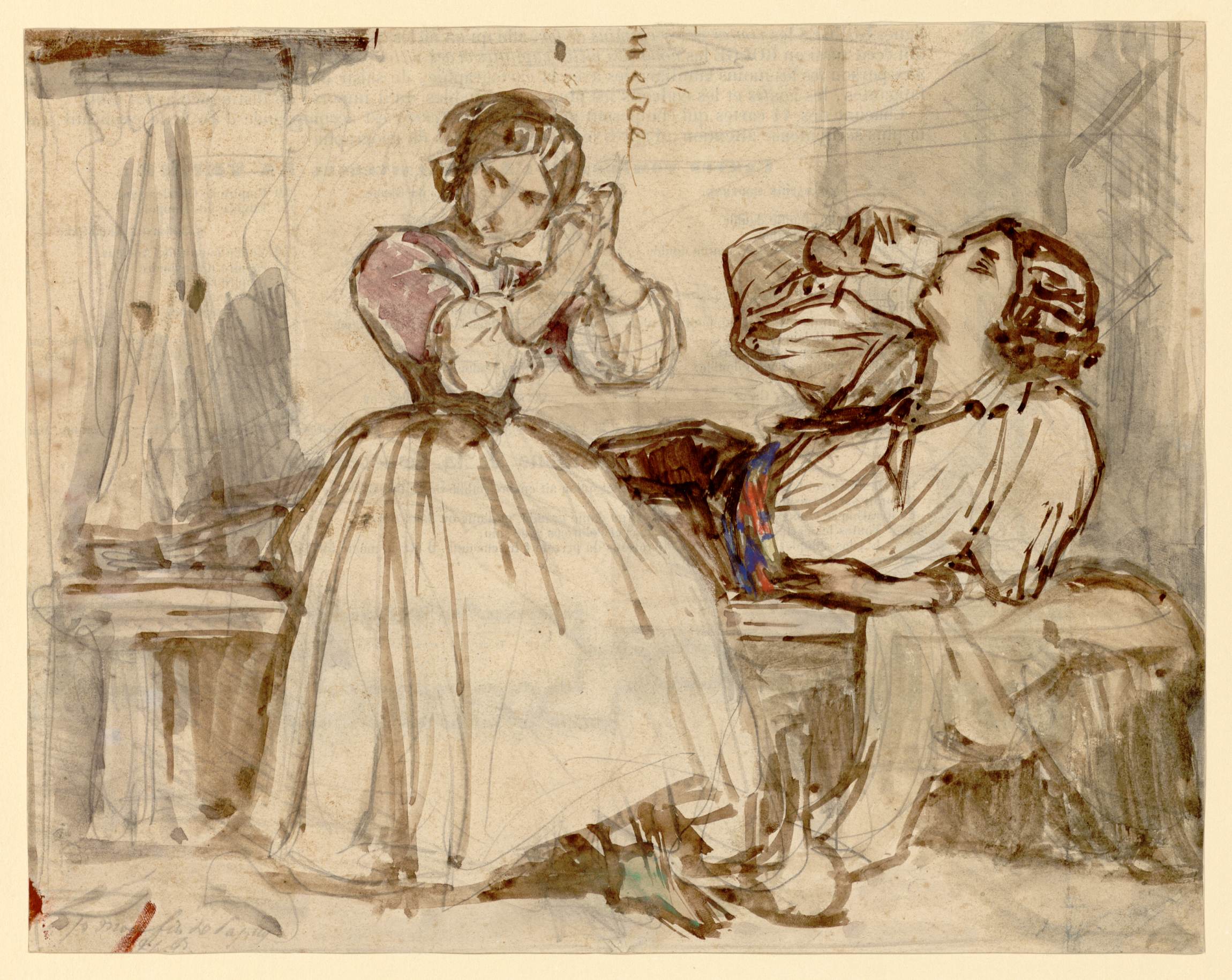 L'image présente deux femmes dans un intérieur, vraisemblablement dans un cadre traditionnel ou historique. L'une des femmes est assise, les mains portant à son visage, tandis que l'autre est allongée sur un banc. Leur habillement évoque des vêtements du XIXe siècle, avec des jupes amples et des chemises. L'atmosphère semble calme, mais il y a une implication de communication ou d'émotion entre les deux personnages. Les couleurs sont douces et sont illustrées avec un style aquarelle, donnant une impression de légèreté et de fluidité.