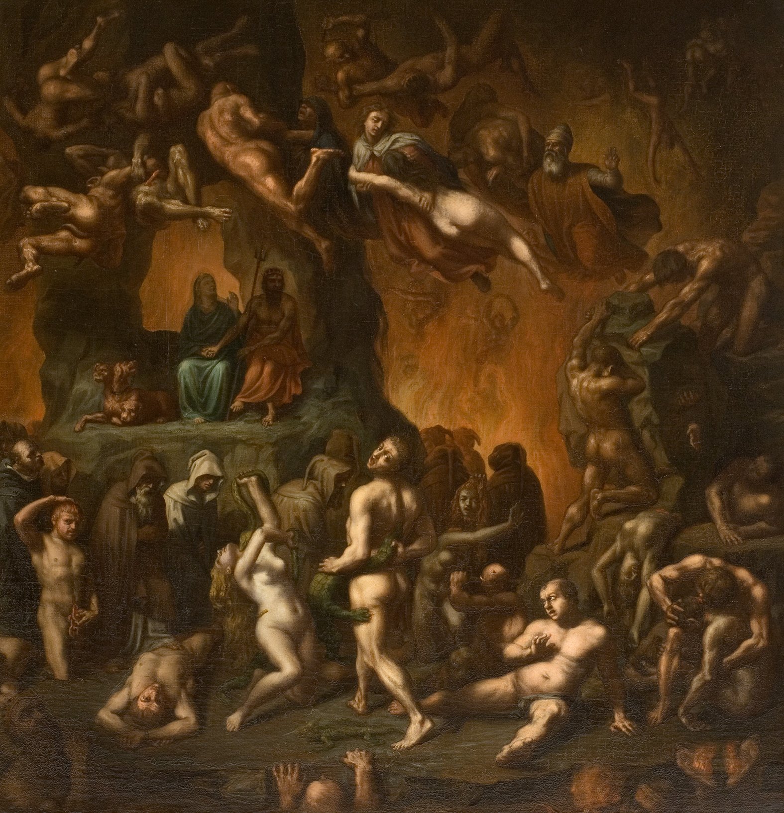 Cette image représente une scène dramatique et saisissante, probablement inspirée par des thèmes mythologiques ou religieux. On y voit de nombreuses figures humaines nues, tantôt en train de lutter, tantôt en pleurs, illustrant la souffrance et le désespoir. Au centre, quelques personnages semblent plus sereins, peut-être des figures divines ou sages, assis dans une posture de contemplation. L'arrière-plan est sombre, avec des éléments de feu et des ombres, créant une atmosphère intense et troublante. Les détails sont riches, montrant une grande maîtrise du mouvement et de la lumière.