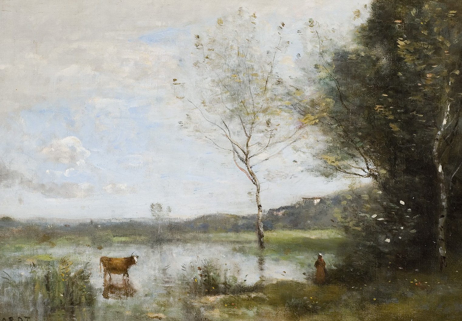 L'image représente un paysage paisible, typique de la peinture de genre. On peut voir une vache qui se tient dans une étendue d'eau peu profonde, tandis qu'une silhouette humaine est également présente près de la rive. À l'arrière-plan, quelques arbres se dressent, et l'ensemble est baigné par une lumière douce, suggérant une ambiance tranquille. Le ciel est partiellement nuageux, ajoutant à la sérénité de la scène.