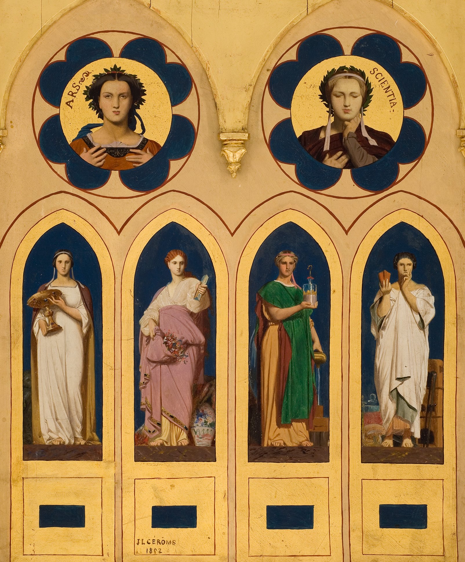 L'image représente un panneau artistique avec plusieurs figures féminines stylisées. Au sommet, deux visages encadrés de motifs circulaires portent les inscriptions "ARS" et "SCIENTIA". En dessous, cinq personnages se tiennent de manière majestueuse. Chacune des figures porte des vêtements différents, souvent drapés, symbolisant des thèmes variés. Les couleurs sont vives, avec beaucoup de bleu et des touches de doré et de rose. Le style évoque une influence classique, mettant en avant des allégories de l'art et de la science.