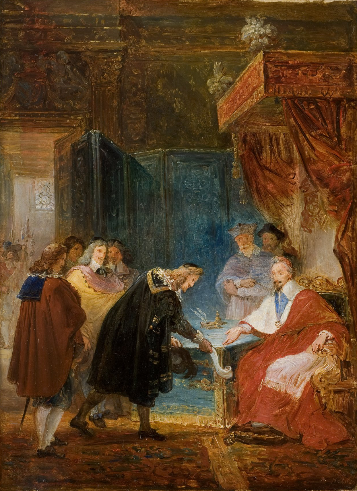 L'image représente une scène de cour historique, probablement à une époque similaire à celle du XVIIe ou XVIIIe siècle. On y voit un personnage central, assis sur un trône ou un siège imposant, vêtu de vêtements riches et décorés. Plusieurs personnes, dont des nobles ou des courtisans, se tiennent autour de lui. L'un des personnages, en costume élaboré, semble offrir un chapeau ou effectuer un geste de soumission. Les expressions des figures suggèrent des interactions pleines de respect et de déférence. La décoration intérieure est riche, avec des drapés et des détails architecturaux, ce qui renforce le caractère solennel de la scène.