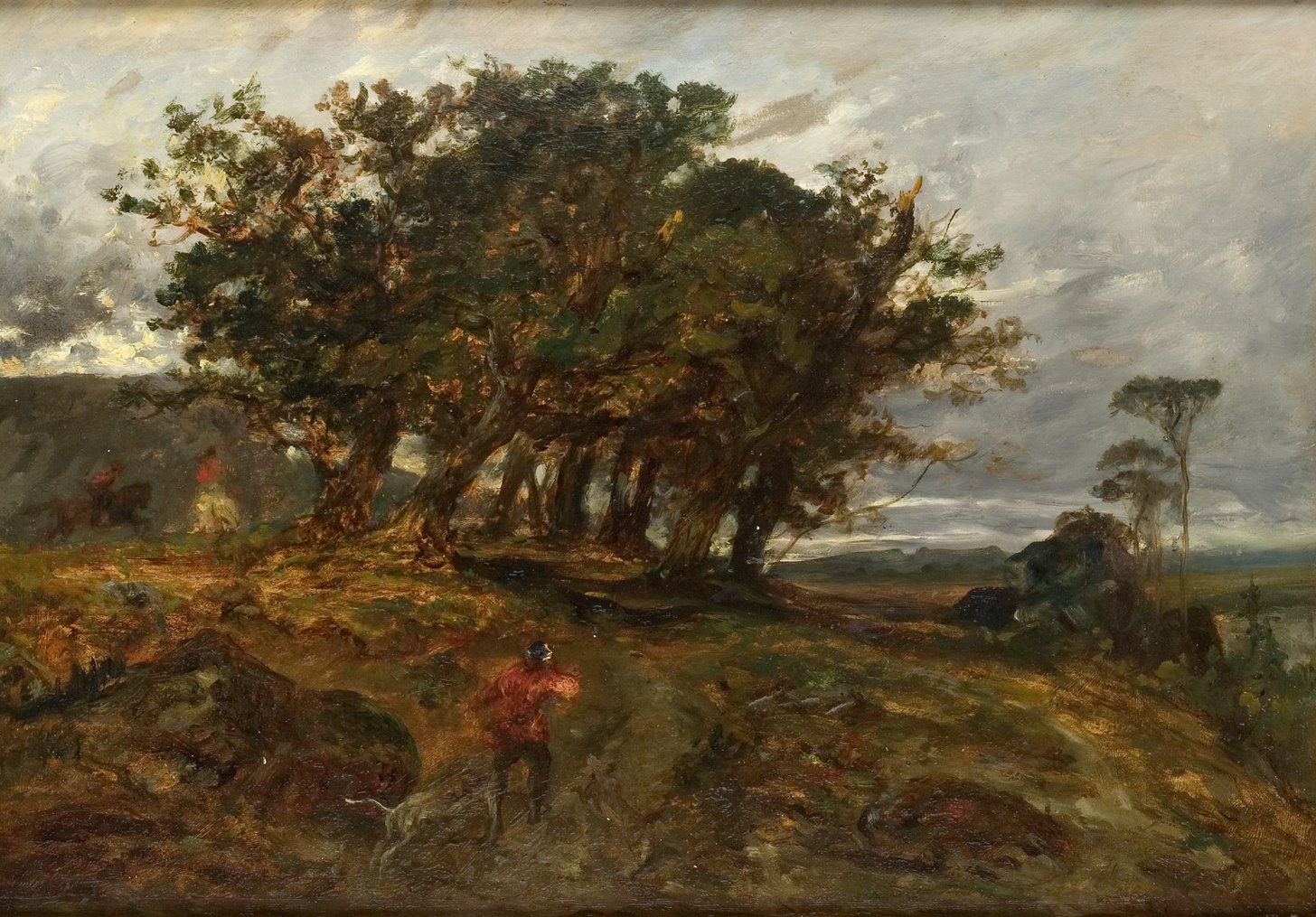 L'image représente un paysage naturel riche en végétation, avec des arbres majestueux sur une colline. Le ciel est nuageux, créant une atmosphère dramatique, tandis que la lumière traverse les nuages. Au premier plan, on peut apercevoir des silhouettes humaines, probablement des paysans ou des randonneurs, qui ajoutent une dimension de vie à la scène. L'ensemble de la composition évoque un sentiment de tranquillité et de connexion avec la nature.