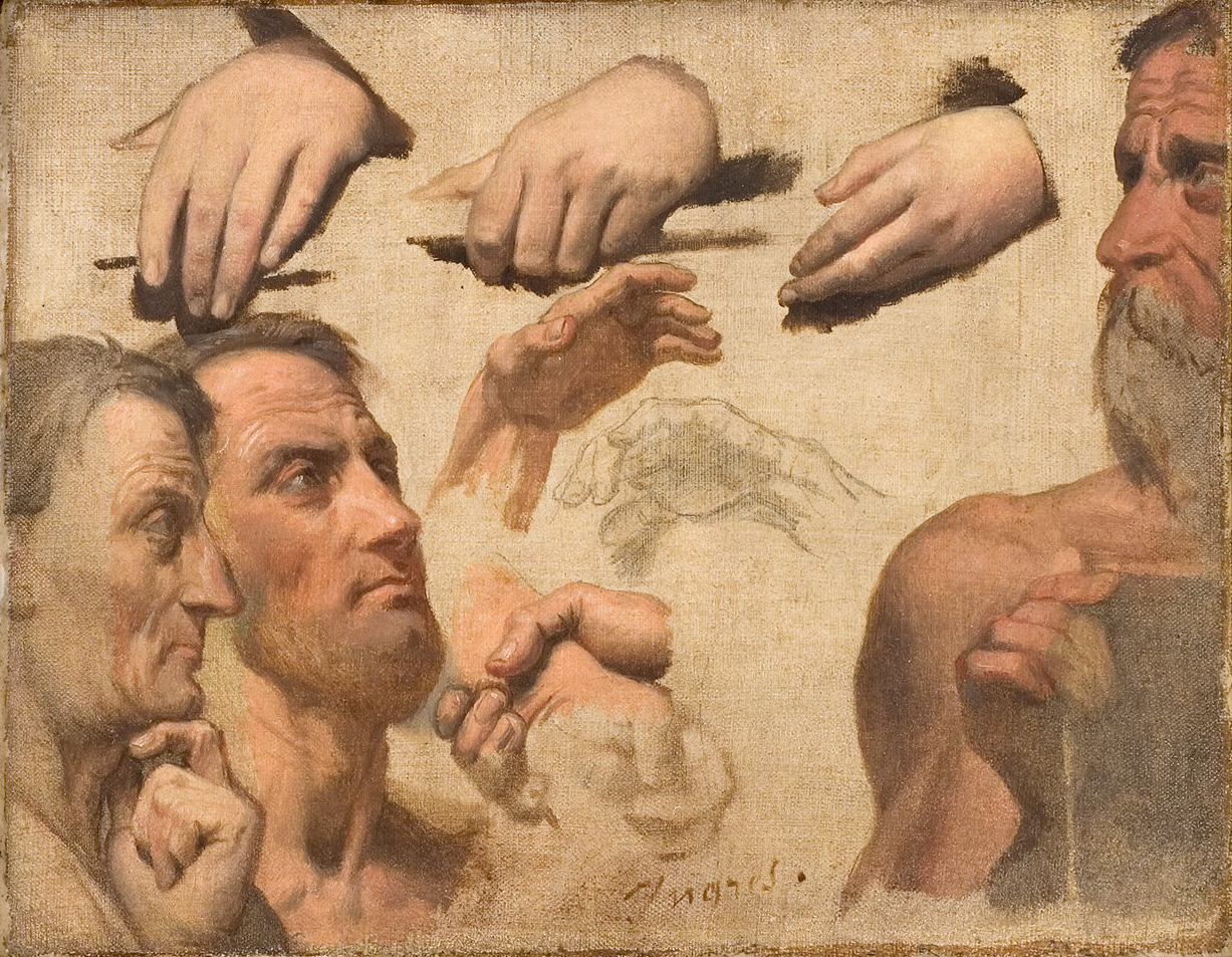 L'image présente une composition de différentes mains et visages. On y voit des mains en action, peut-être en train d'expliquer ou de démontrer quelque chose. À gauche, deux visages masculins semblent contemplatifs, se tournant l'un vers l'autre. Un homme barbu, situé à droite, regarde directement devant lui. Le style est réaliste, mettant en avant les détails des expressions faciales et des gestes des mains. L'ensemble évoque un sentiment d'étude et d'observation, comme une préparation pour une œuvre plus complète.